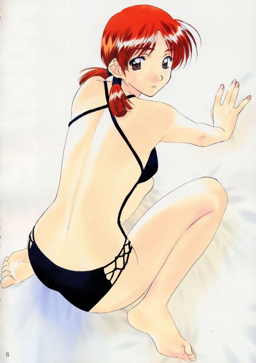 polorinken, adachi taeko, sentimental graffiti, highres, 1990s (style), 1girl, all fours, ass, back, bare back, barefoot, bikini, brown eyes, feet, female focus, looking back, red hair, retro artstyle, short hair, short twintails, soles, solo, swimsuit, twintails