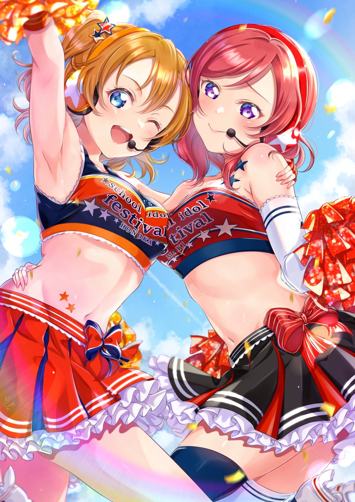 iroenpitsu xxx, kosaka honoka, nishikino maki, love live!, love live! school idol project, highres, 2girls, ;d, arm up, armpits, asymmetrical legwear, blue eyes, blue sky, breasts, cheerleader, closed mouth, crop top, earpiece, elbow gloves, frilled skirt, frills, gloves, looking at viewer, medium breasts, miniskirt, mismatched legwear, multiple girls, navel, one eye closed, one side up, open mouth, orange hair, pom pom (cheerleading), purple eyes, red hair, short hair, skirt, sky, smile, thighhighs
