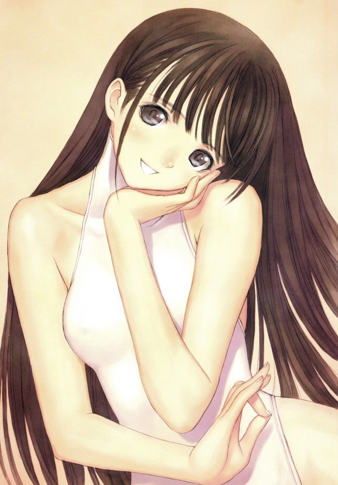 tony taka, tagme, brown eyes, brown hair, long hair, one-piece swimsuit, solo, swimsuit