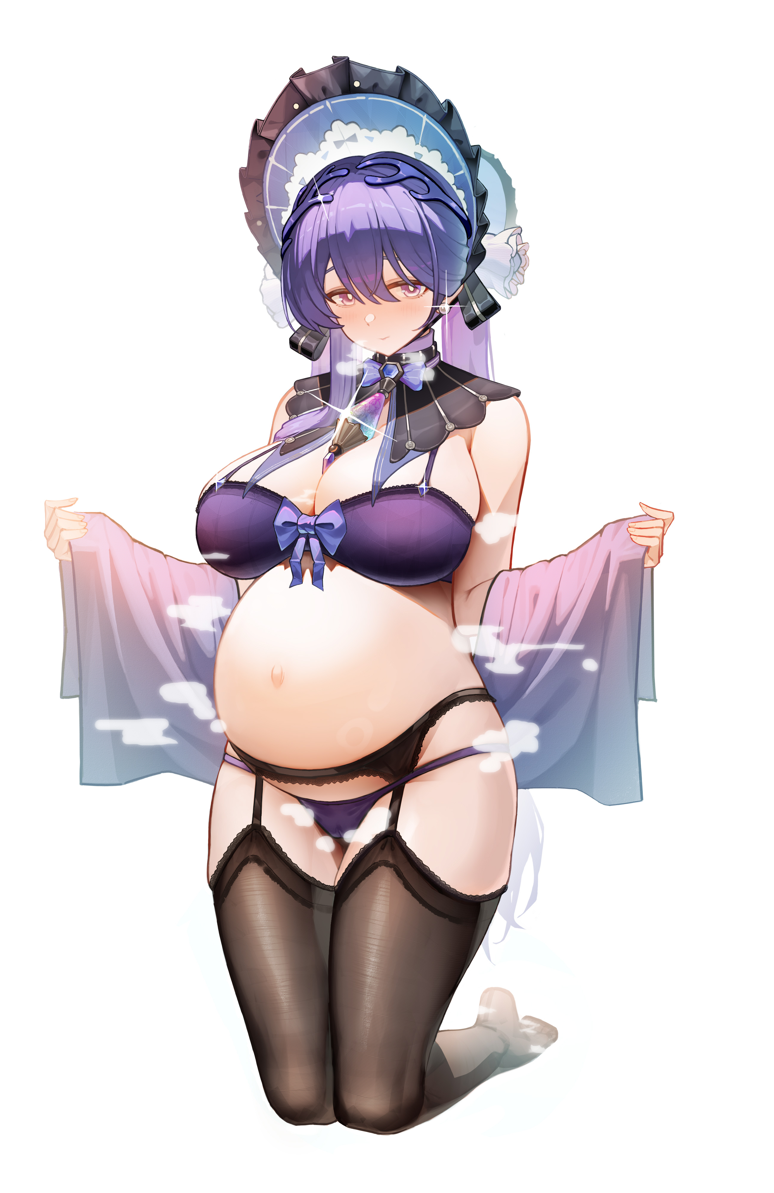 sesefadou 0v0, absurdres, character request, copyright request, highres, 1girl, black bra, black thighhighs, blush, bra, breasts, kneeling, large breasts, lingerie, long hair, looking at viewer, pregnant, purple hair, simple background, smile, solo, thighhighs, underwear, white background