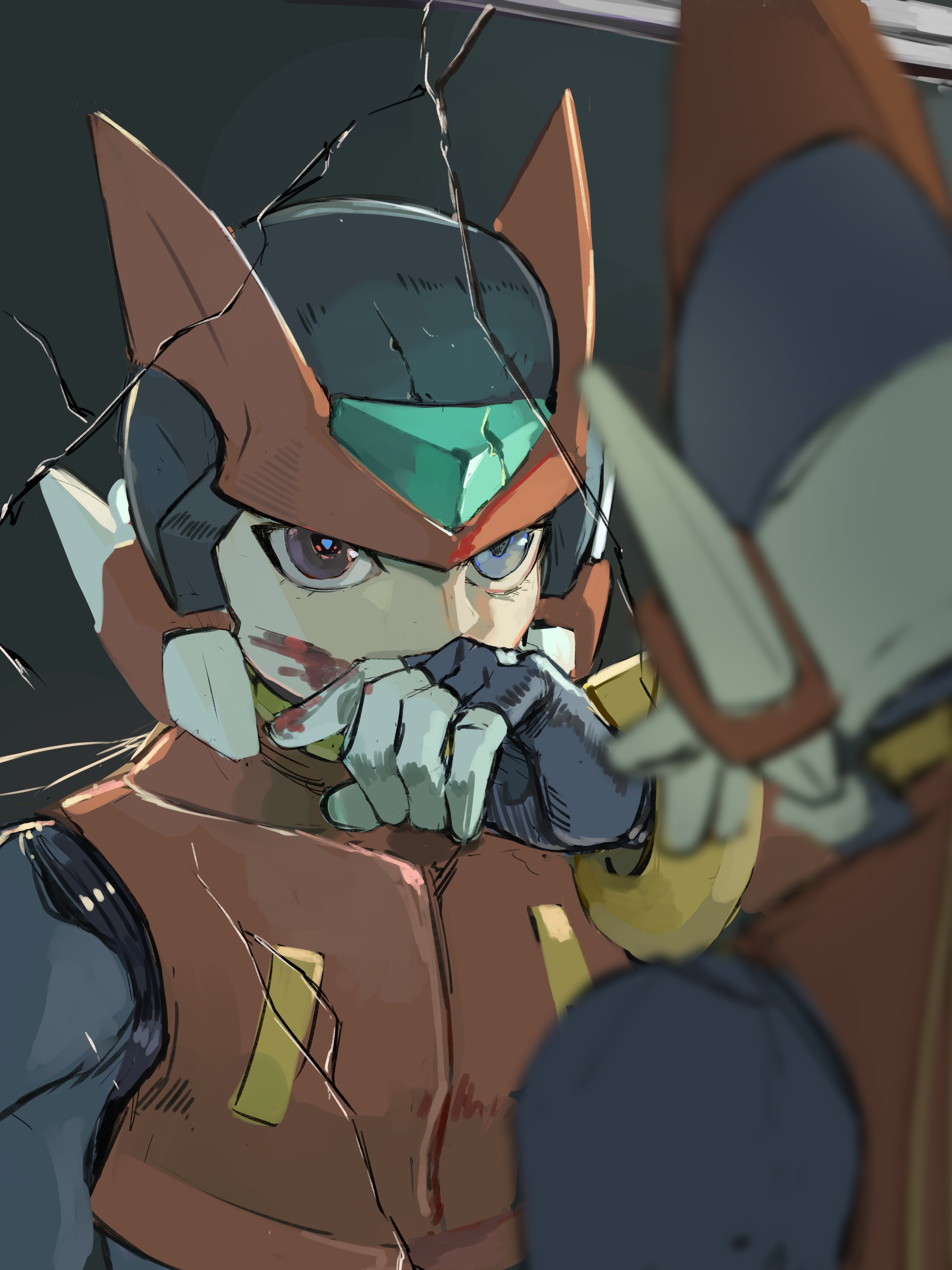 omochi (mochi skymega), zero(z) (mega man), zero (mega man), mega man (series), mega man zero (series), absurdres, highres, 1boy, armor, blonde hair, blood, blood on face, broken mirror, forehead jewel, helmet, long hair, male focus, mirror, red armor, red helmet, reflection, solo, upper body