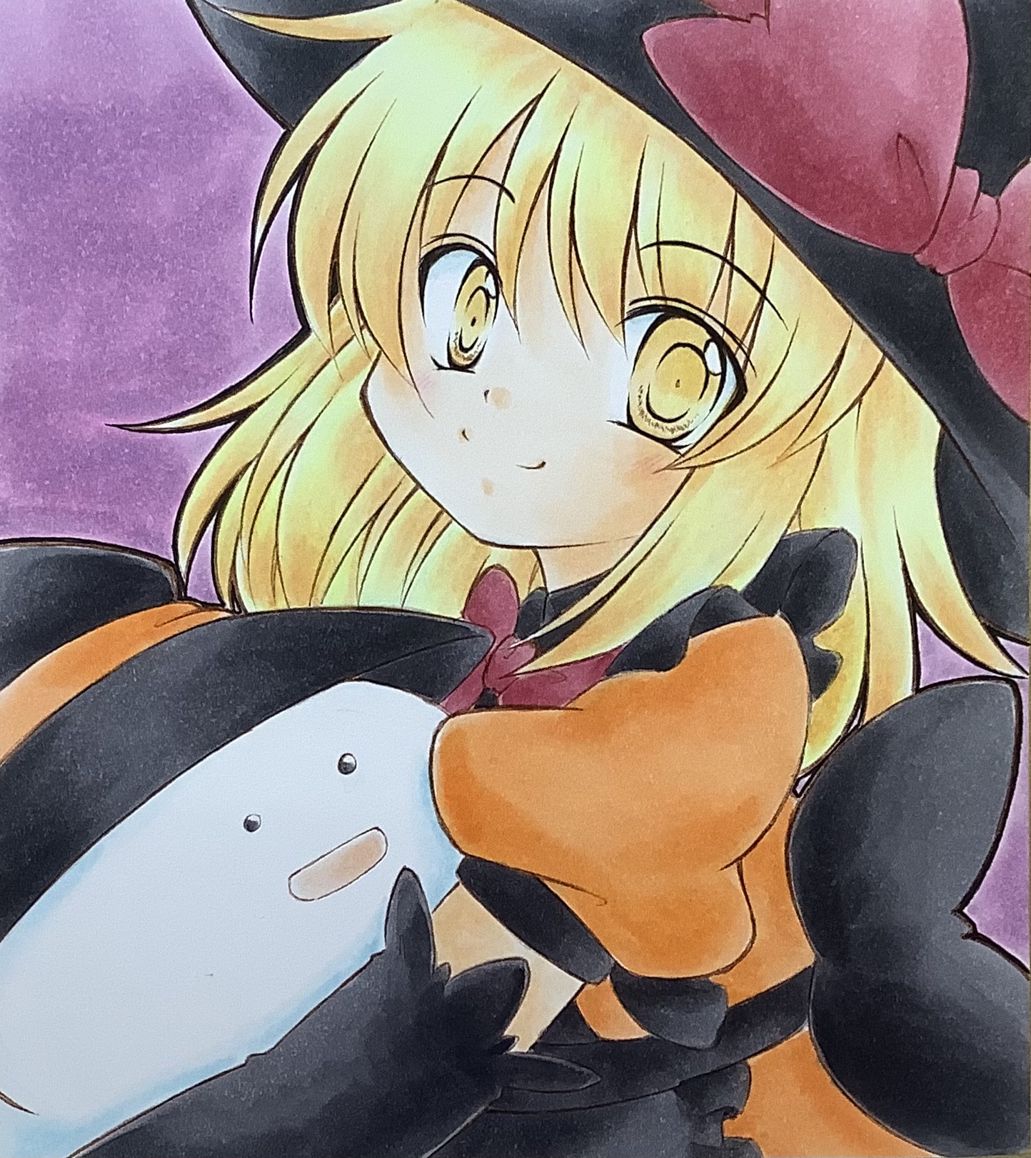 kazra, kana anaberal, touhou, touhou (pc-98), highres, marker (medium), traditional media, 1girl, alternate costume, blonde hair, blush, bow, halloween, halloween costume, hat, hat bow, orange shirt, purple background, red bow, shirt, smile, solo, witch hat, yellow eyes