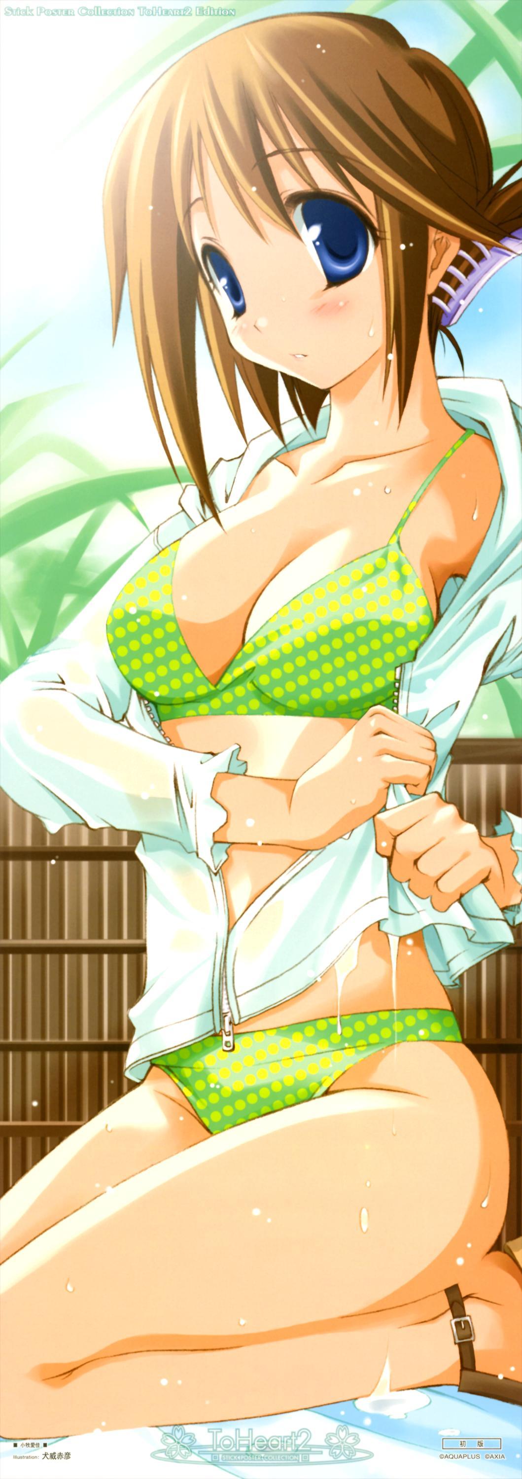 inui sekihiko, komaki manaka, to heart (series), to heart 2, absurdres, highres, 00s, 1girl, bikini, blue eyes, blush, breasts, brown hair, cleavage, female focus, folded ponytail, green bikini, kneeling, large breasts, parted lips, polka dot, polka dot bikini, polka dot swimsuit, seiza, short hair, sitting, solo, swimsuit, unmoving pattern, wet