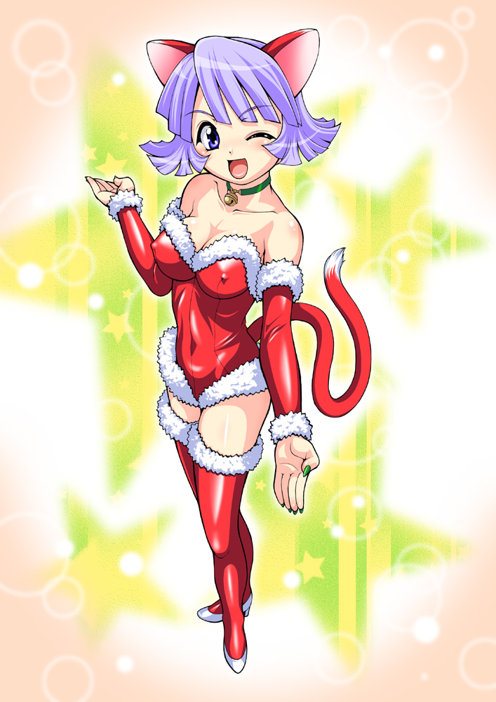 kouda tomohiro, original, 1girl, animal ears, bare shoulders, bell, blue eyes, blush, breasts, cat ears, cat girl, cat tail, christmas, cleavage, covered erect nipples, detached sleeves, female focus, green nails, high heels, jingle bell, nail polish, one eye closed, open mouth, purple eyes, purple hair, santa costume, shoes, short hair, solo, strapless, tail, thighhighs, wink