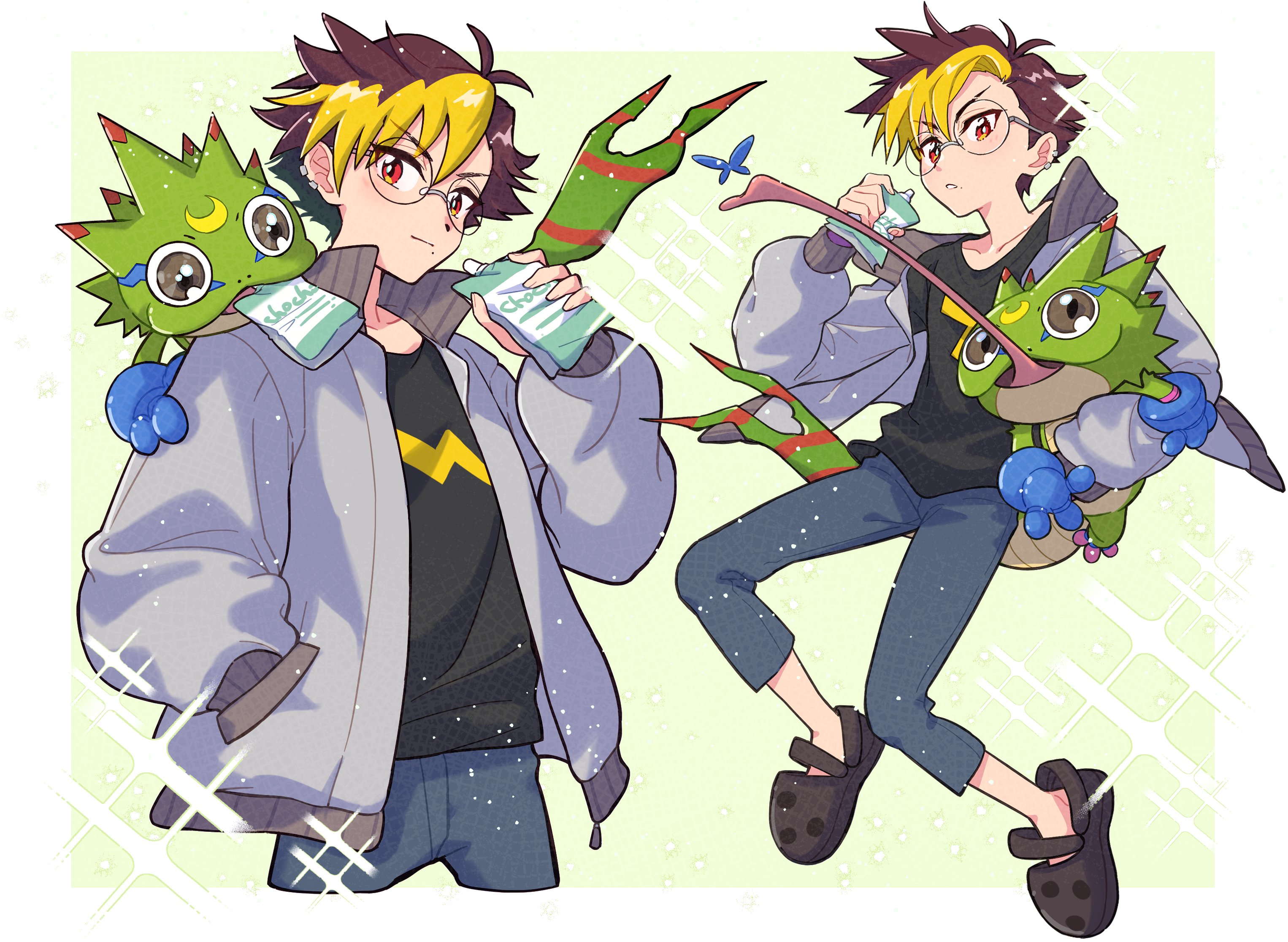 sanada makomi, gekkomon, tenma tomoro, digimon, digimon beatbreak, highres, 1boy, black shirt, blonde hair, blue pants, brown hair, cowboy shot, digimon (creature), full body, gecko, glasses, jacket, long tongue, multicolored hair, pants, round eyewear, shirt, tongue, tongue out, two-tone hair, white jacket