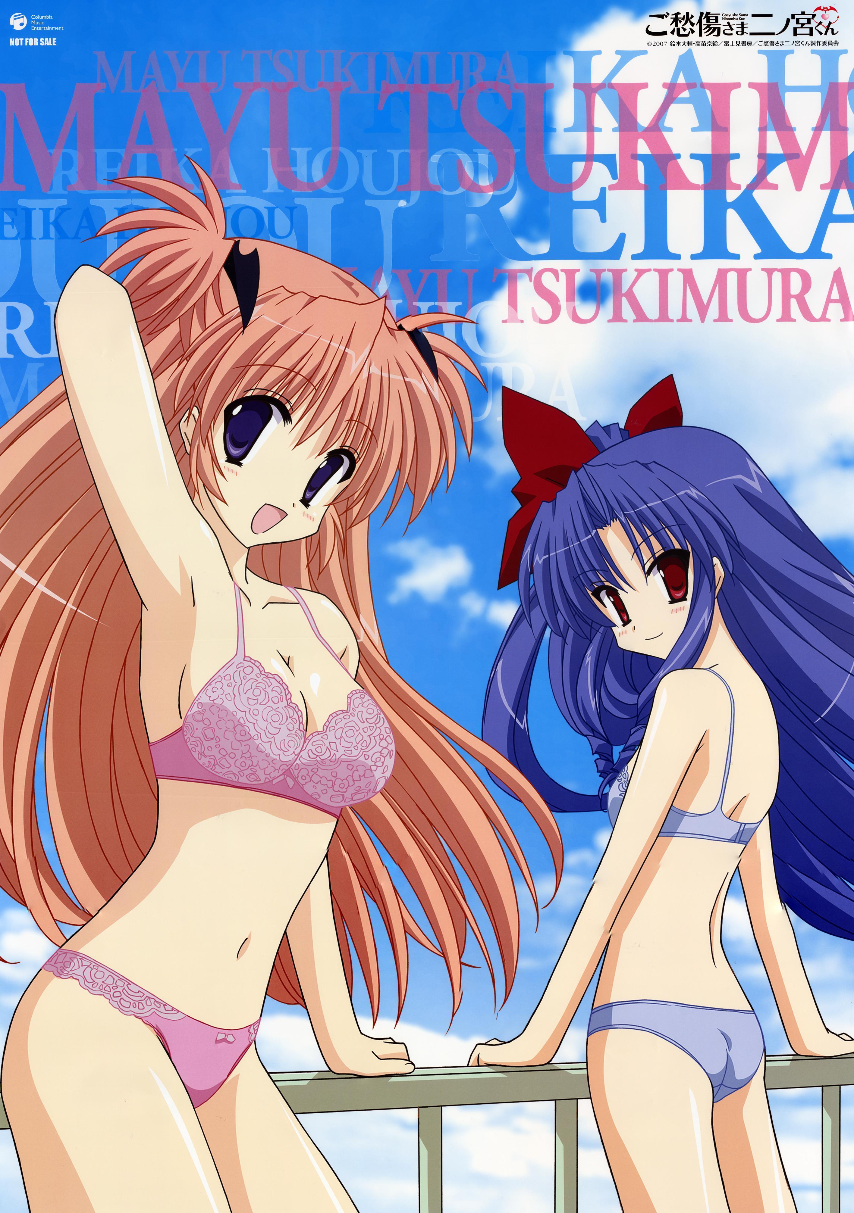 houjou reika, tsukimura mayu, goshuushou-sama ninomiya-kun, absurdres, highres, 00s, 2girls, armpits, back, blue eyes, blue hair, bra, breasts, cleavage, lingerie, long hair, medium breasts, multiple girls, panties, pink hair, red eyes, small breasts, underwear, underwear only