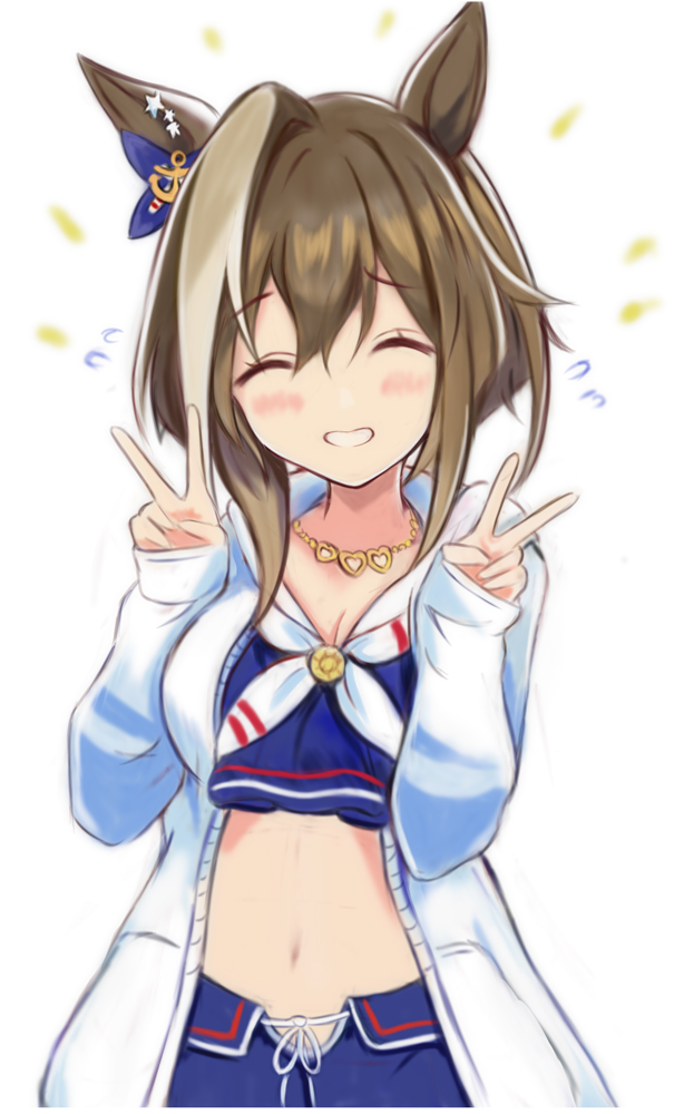 nannacy7, cheval grand (summer calm navy drop) (umamusume), cheval grand (umamusume), umamusume, commentary request, 1girl, ^ ^, animal ears, bikini, blue bikini, blue bow, blue swim trunks, bow, breasts, cleavage, closed eyes, cowboy shot, double v, ear bow, facing viewer, flying sweatdrops, grin, heart, heart necklace, horse ears, horse girl, jacket, jewelry, long sleeves, looking at viewer, medium breasts, multicolored hair, navel, necklace, short hair with long locks, smile, solo, streaked hair, swimsuit, two-tone hair, v, white hair, white jacket