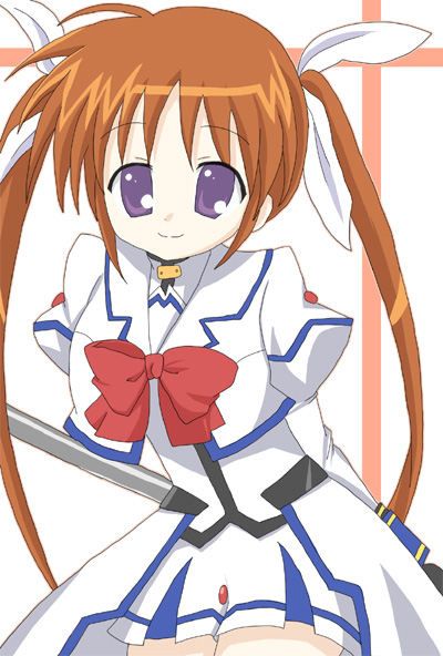 sakuramori sumomo, raising heart, takamachi nanoha, takamachi nanoha (aggressor mode), lyrical nanoha, mahou shoujo lyrical nanoha, mahou shoujo lyrical nanoha strikers, 00s, 1girl, bow, brown hair, female focus, fingerless gloves, gloves, hair ribbon, long hair, magical girl, orange hair, purple eyes, red bow, red hair, ribbon, smile, solo, twintails, waist cape