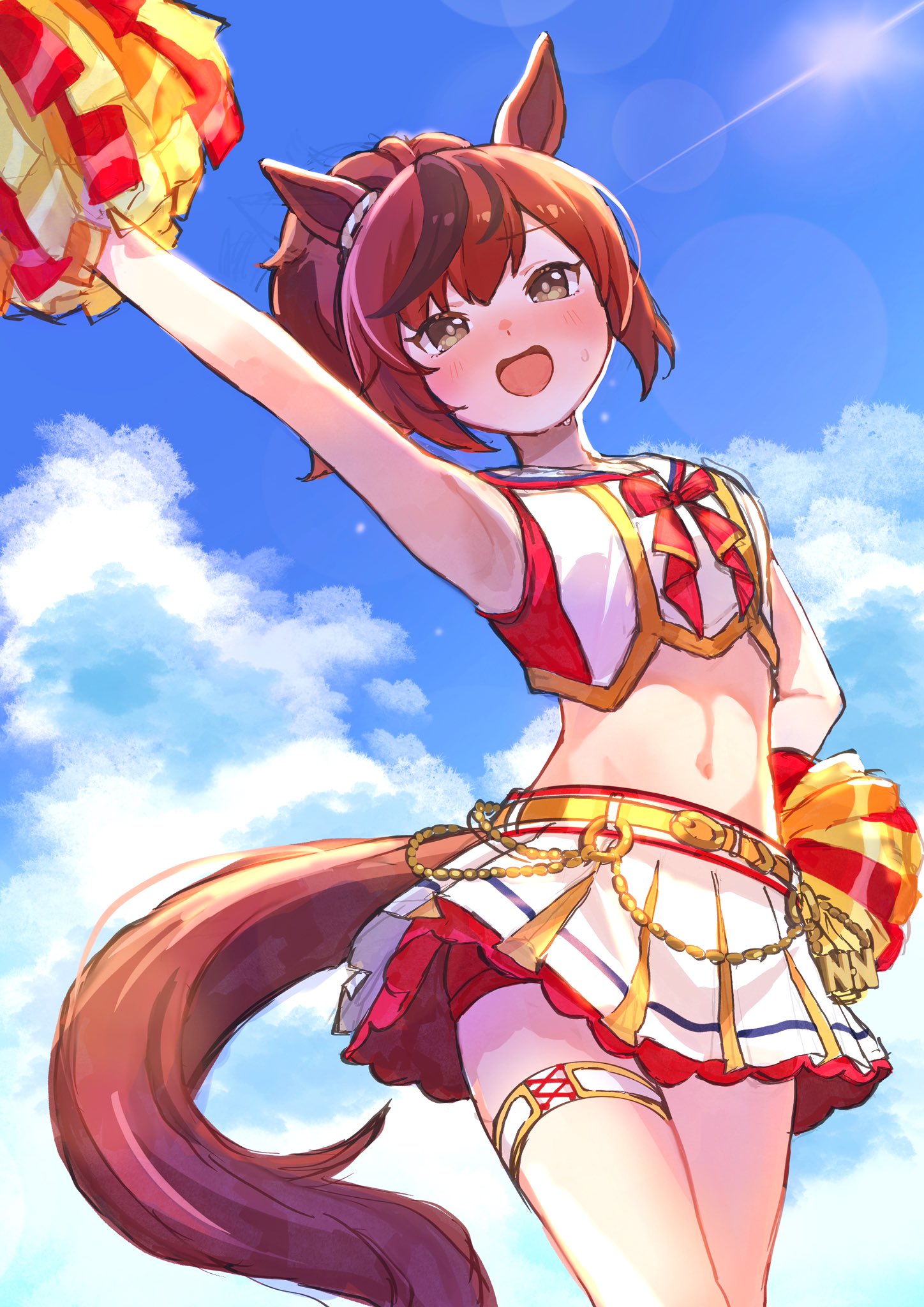 mochiusasa, nice nature (umamusume), umamusume, commentary, highres, 1girl, :d, animal ears, arm up, armpits, blue sky, blush, brown eyes, brown hair, cheerleader, cloud, cowboy shot, crop top, cropped shirt, day, holding, holding pom poms, horse ears, horse girl, horse tail, midriff, miniskirt, navel, open mouth, outdoors, pleated skirt, pom pom (cheerleading), pom poms, shirt, short hair, skirt, sky, sleeveless, sleeveless shirt, smile, solo, sweat, tail, thigh strap, white shirt, white skirt