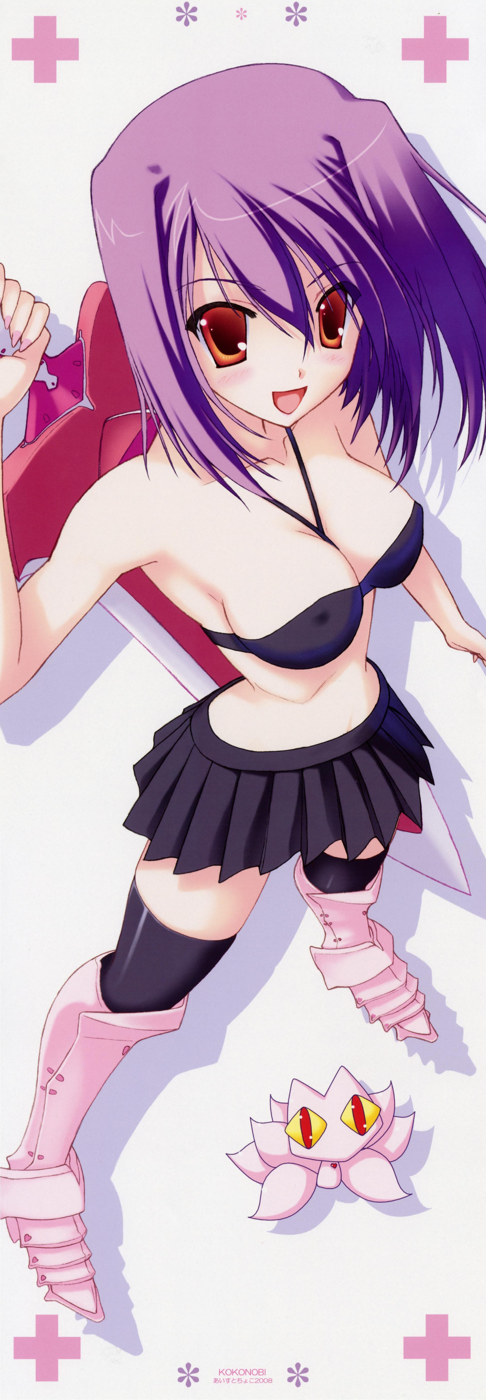 nanao naru, absurdres, highres, long image, tall image, 1girl, boots, breasts, cleavage, covered erect nipples, female focus, medium breasts, midriff, miniskirt, orange eyes, purple hair, red eyes, short hair, skirt, smile, solo, sword, thighhighs, weapon