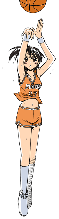 akashi yuuna, mahou sensei negima!, 00s, ball, basketball, basketball (object), jumping, midriff, shorts, solo