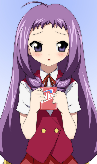 yn (rakugaki log), ayase yue, mahou sensei negima!, 00s, 1girl, blush, braid, drink, female focus, long hair, purple eyes, purple hair, school uniform, solo, twin braids