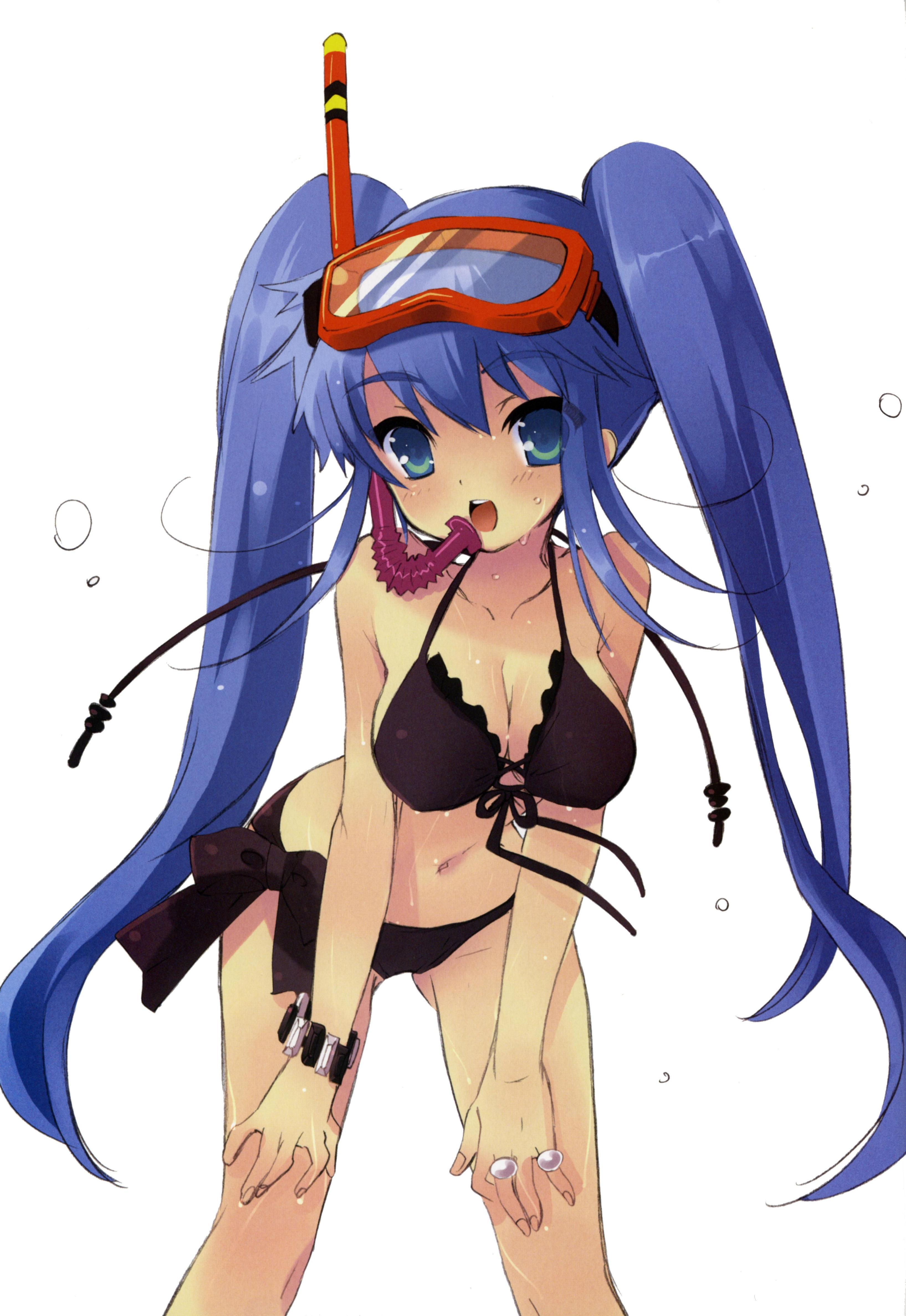 ito noizi, yuuki nona, nanatsuiro drops, absurdres, highres, official art, scan, 00s, 1girl, :o, aqua eyes, arm support, bent over, bikini, black bikini, blue eyes, blue hair, blush, bracelet, breasts, cleavage, covered erect nipples, diving mask, female focus, front-tie top, goggles, jewelry, large breasts, leg hold, long hair, matching hair/eyes, navel, open mouth, ring, side-tie bikini bottom, sideboob, simple background, snorkel, solo, standing, swimsuit, twintails, very long hair, wet