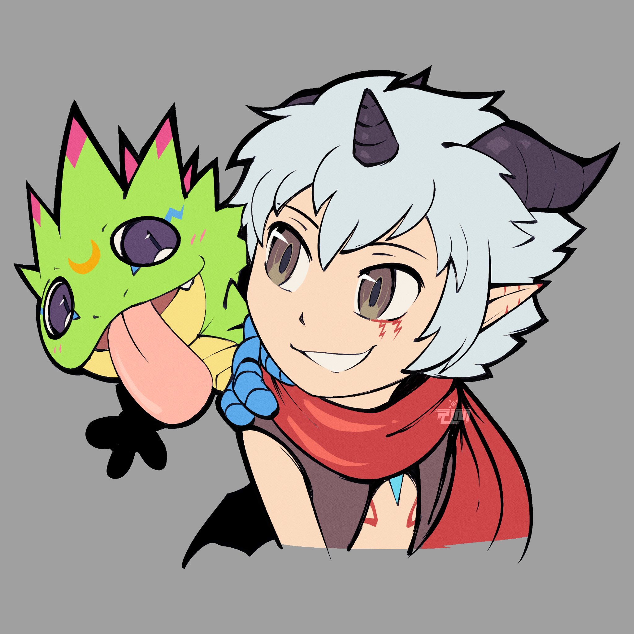 ridgeone, aegiomon, gekkomon, digimon, digimon beatbreak, digimon story: time stranger, highres, 1boy, black vest, brown eyes, digimon (creature), facial mark, gecko, grey background, grey hair, horns, pointy ears, red scarf, scarf, simple background, tongue, tongue out, upper body, vest