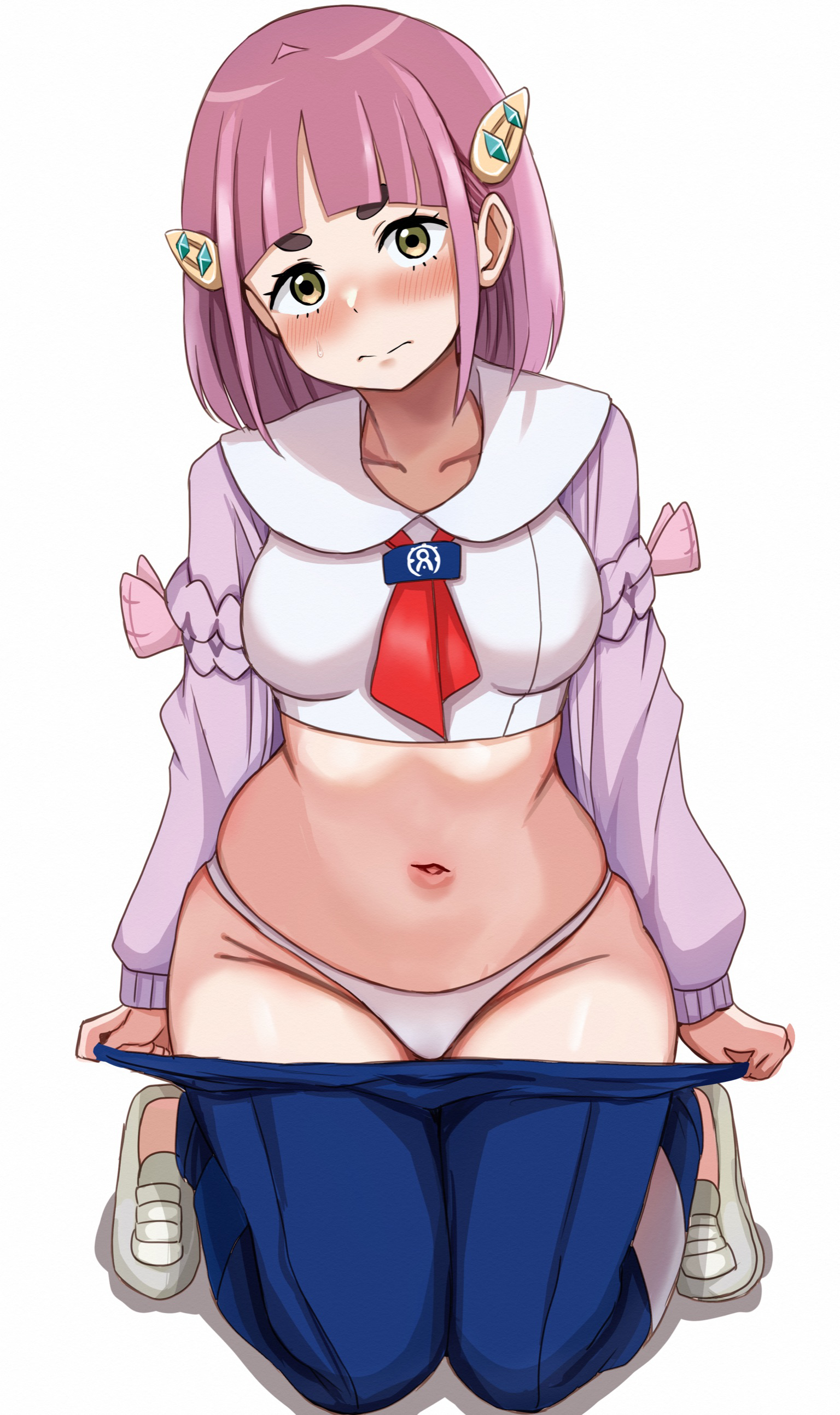nootomo, lacey (pokemon), nintendo, pokemon, pokemon sv, absurdres, highres, 1girl, ascot, blue pants, blush, breasts, clothes pull, coat, hair ornament, kneeling, looking at viewer, medium breasts, navel, panties, pants, pants pull, pink hair, pulling own clothes, purple coat, red ascot, sailor collar, shirt, shoes, simple background, skindentation, solo, stomach, thick eyebrows, underwear, white background, white panties, white sailor collar, white shirt, wide hips, yellow eyes
