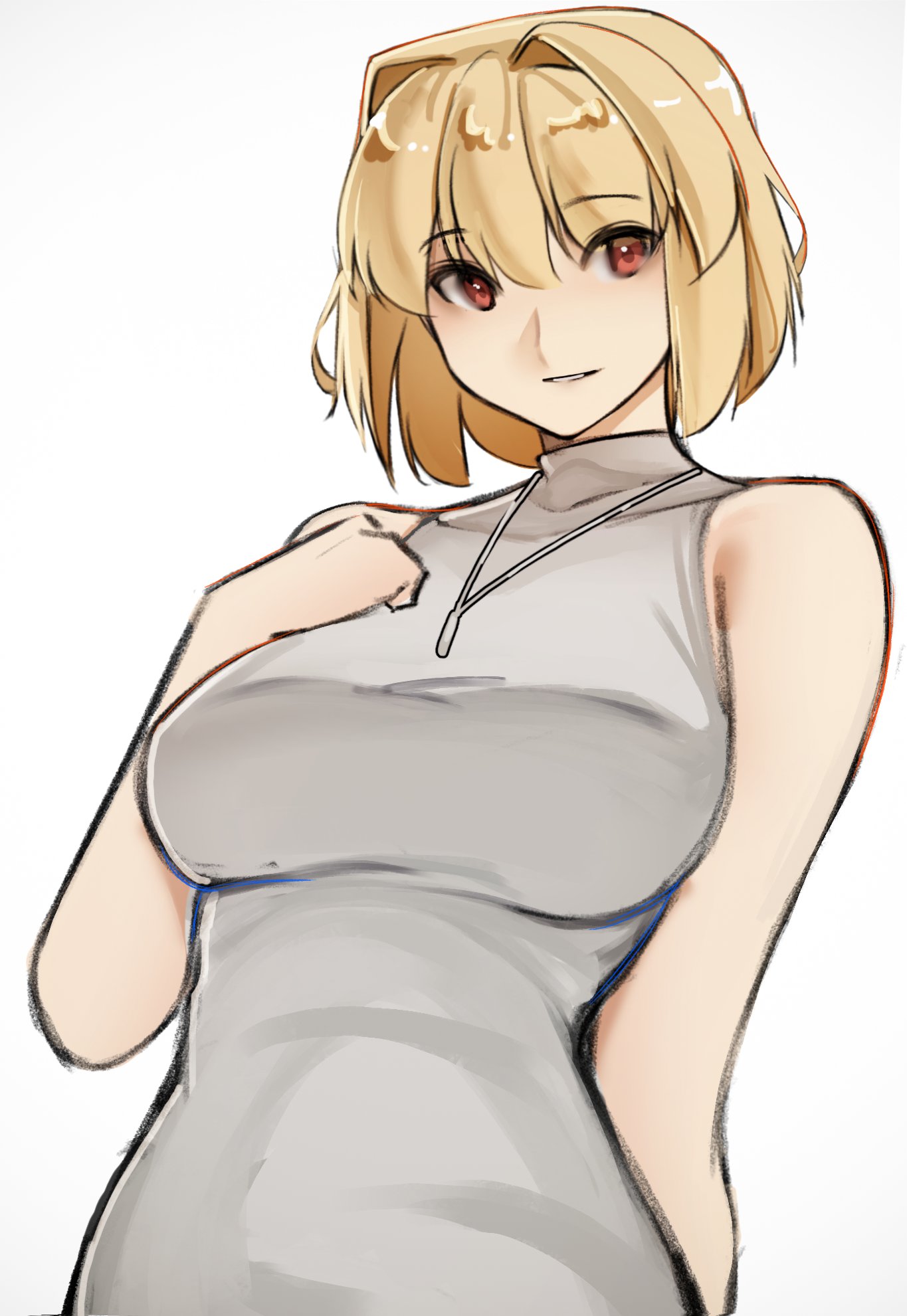 code nt, arcueid brunestud, tsukihime, tsukihime (remake), highres, 1girl, bare shoulders, blonde hair, breasts, dress, jewelry, large breasts, pendant, red eyes, simple background, solo, upper body, white background, white dress