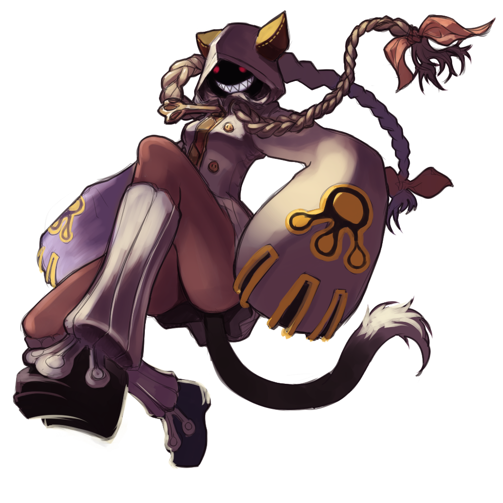 kansou samehada, taokaka, arc system works, blazblue, bad id, bad pixiv id, animal ears, animal hood, braid, cat ears, cat hood, cat tail, dark-skinned female, dark skin, grin, hood, hoodie, red eyes, ribbon, smile, solo, tail, twin braids