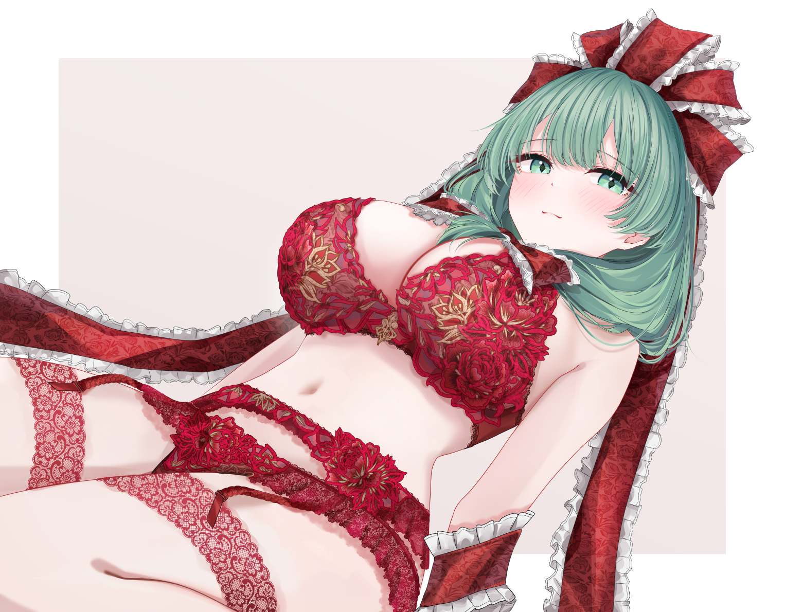 sarasadou dan, kagiyama hina, touhou, commentary request, 1girl, blush, bra, closed mouth, floral print, floral print bra, floral print panties, green eyes, green hair, long hair, looking at viewer, panties, print panties, red bra, red panties, smile, solo, underwear, underwear only