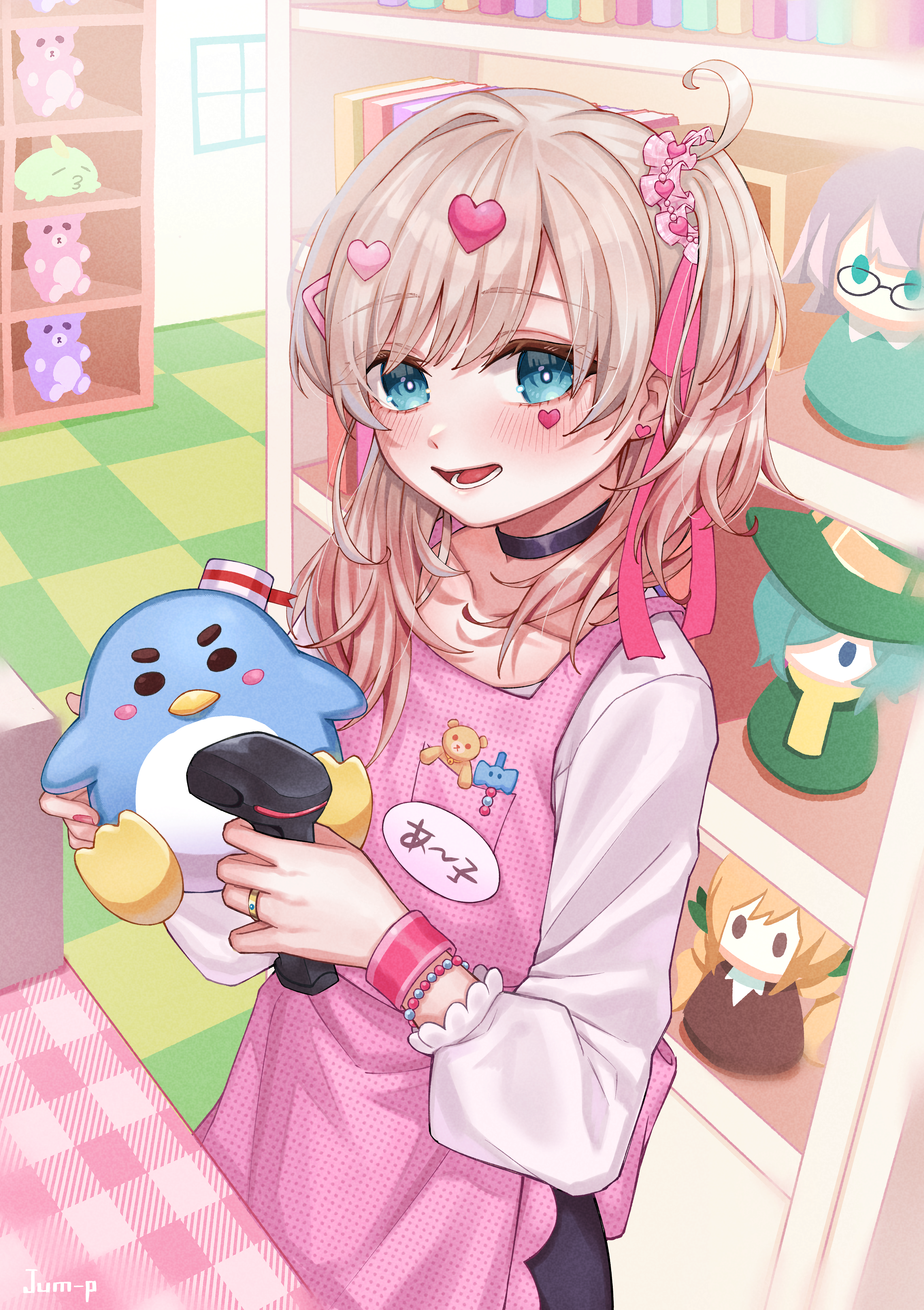 jjum pp, hifumi suu, inda karane, kedarui aashii, nakaji uto, kimi no koto ga dai dai dai dai daisuki na 100-nin no kanojo, absurdres, commentary, english commentary, highres, 1girl, :d, apron, artist name, barcode scanner, bead bracelet, beads, black choker, blonde hair, blue eyes, blush, bracelet, character doll, checkered floor, choker, doll, facial mark, hair ornament, hair ribbon, hair scrunchie, heart, heart facial mark, heart hair ornament, holding, holding barcode scanner, indoors, jewelry, long hair, long sleeves, looking at viewer, mark under eye, name tag, one side up, open mouth, pentarou (hyakkano), pink apron, pink ribbon, ribbon, ring, scrunchie, shelf, shirt, smile, solo, stuffed animal, stuffed toy, teddy bear, white shirt, wristband