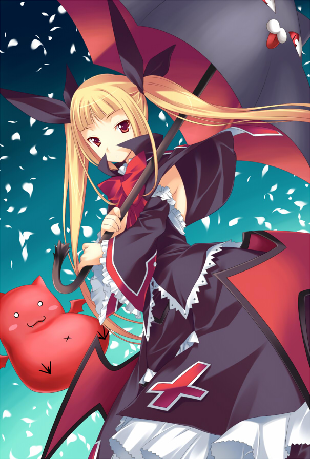 inase shin'ya, gii, nago, rachel alucard, arc system works, blazblue, bad id, bad pixiv id, 1girl, blonde hair, bow, detached sleeves, female focus, gothic lolita, lolita fashion, red bow, solo, twintails, umbrella