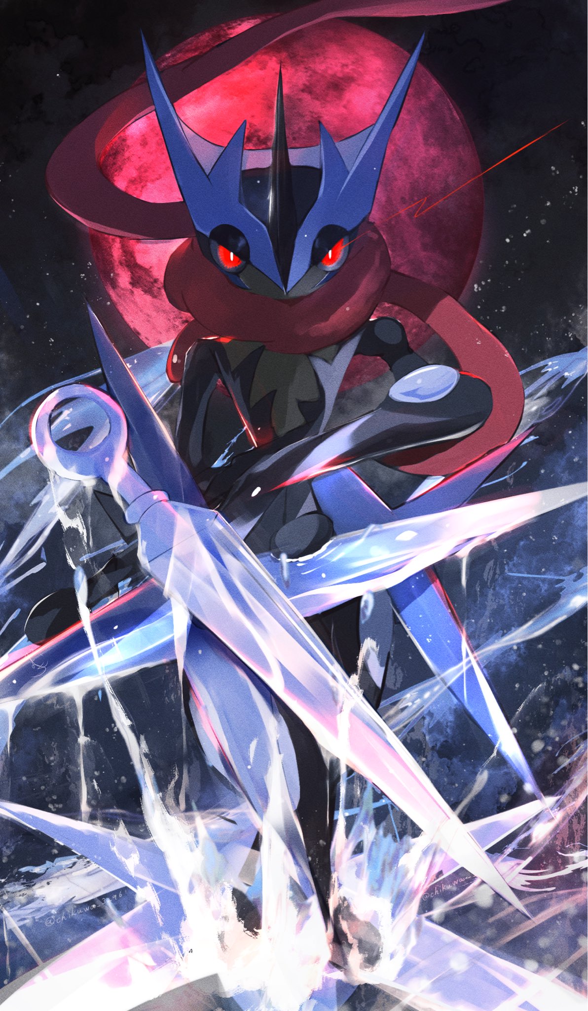 pemuchi (chikuwa 3296), greninja, mega greninja, nintendo, pokemon, pokemon legends: z-a, highres, frog, gen 6 pokemon, long tongue, looking at viewer, mega pokemon, moon, ninja, pink eyes, pokemon (creature), pokemon focus, red eyes, red moon, scarf, shuriken, solo, tongue, tongue scarf, water, water shuriken (pokemon), weapon