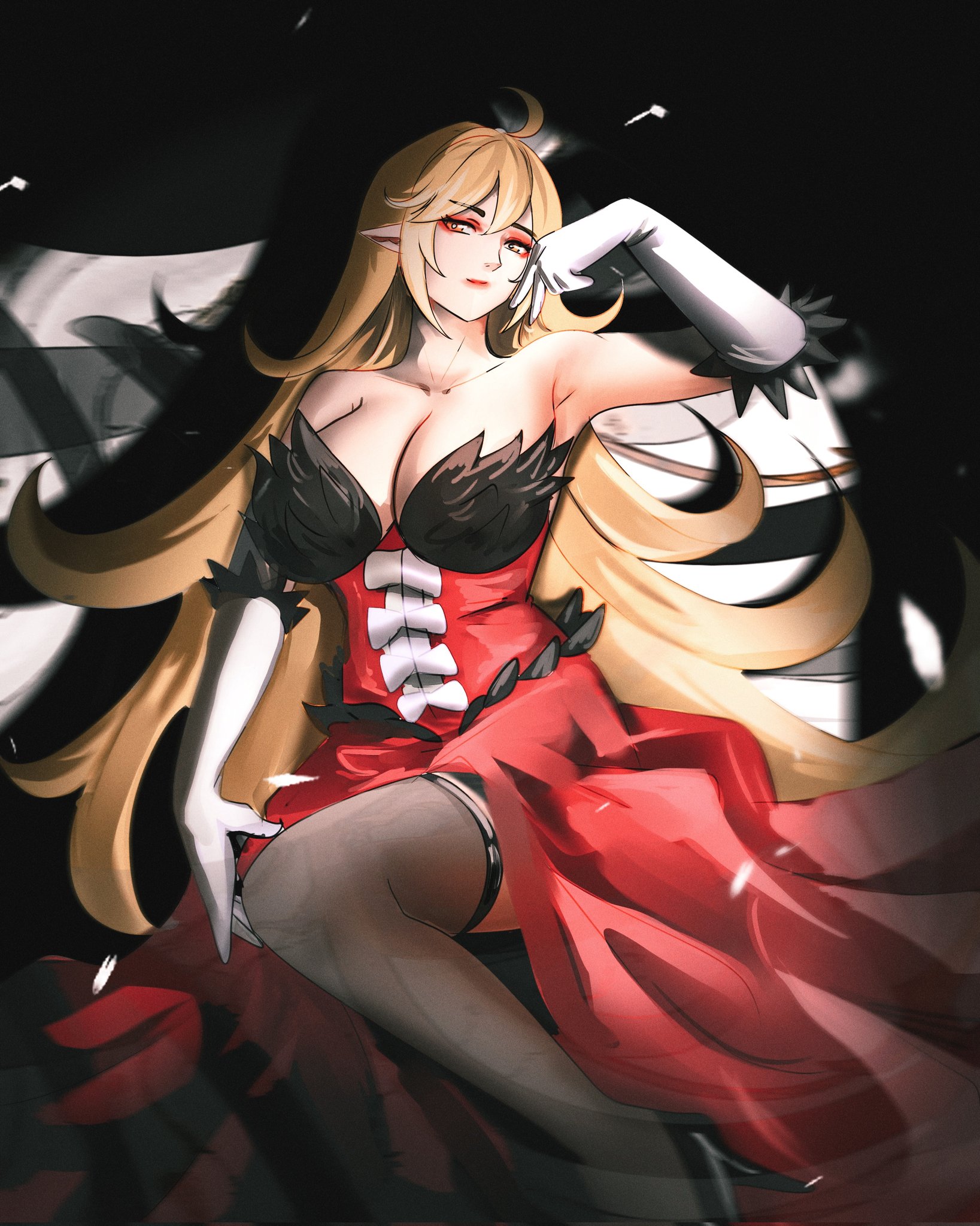 notgustiarp, kiss-shot acerola-orion heart-under-blade, oshino shinobu, kizumonogatari, monogatari (series), highres, 1girl, ahoge, bare shoulders, black pantyhose, blonde hair, breasts, cleavage, collarbone, dress, elbow gloves, eyeshadow, feather-trimmed dress, feather-trimmed gloves, feather trim, frilled dress, frills, gloves, high heels, large breasts, long hair, looking at viewer, makeup, pantyhose, pointy ears, red dress, red eyeshadow, solo, strapless, strapless dress, vampire, very long hair, white gloves, yellow eyes