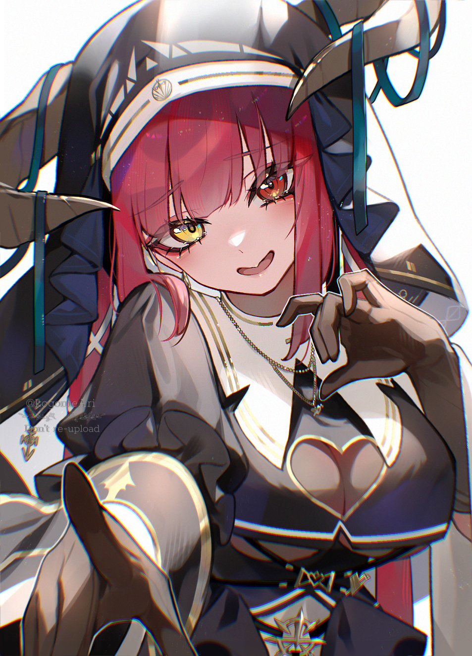 kogome (azalea4), houshou marine, hololive, highres, black gloves, black robe, black veil, breasts, clothing cutout, gloves, guimpe, hand up, heart cutout, heterochromia, horn ornament, horns, jewelry, large breasts, long hair, looking at viewer, necklace, nun, parted lips, pointing, pointing at viewer, red eyes, red hair, robe, smile, veil, virtual youtuber, yellow eyes