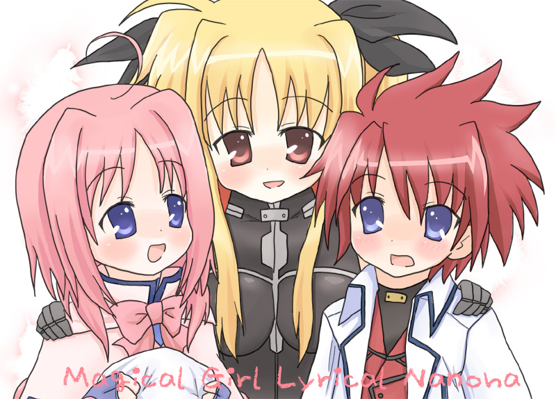 sakuramori sumomo, caro ru lushe, erio mondial, fate testarossa, fate testarossa (true sonic form), lyrical nanoha, mahou shoujo lyrical nanoha, mahou shoujo lyrical nanoha strikers, 00s, 1boy, 2girls, blonde hair, blue eyes, bow, hair ribbon, multiple girls, pink bow, pink hair, red eyes, red hair, ribbon