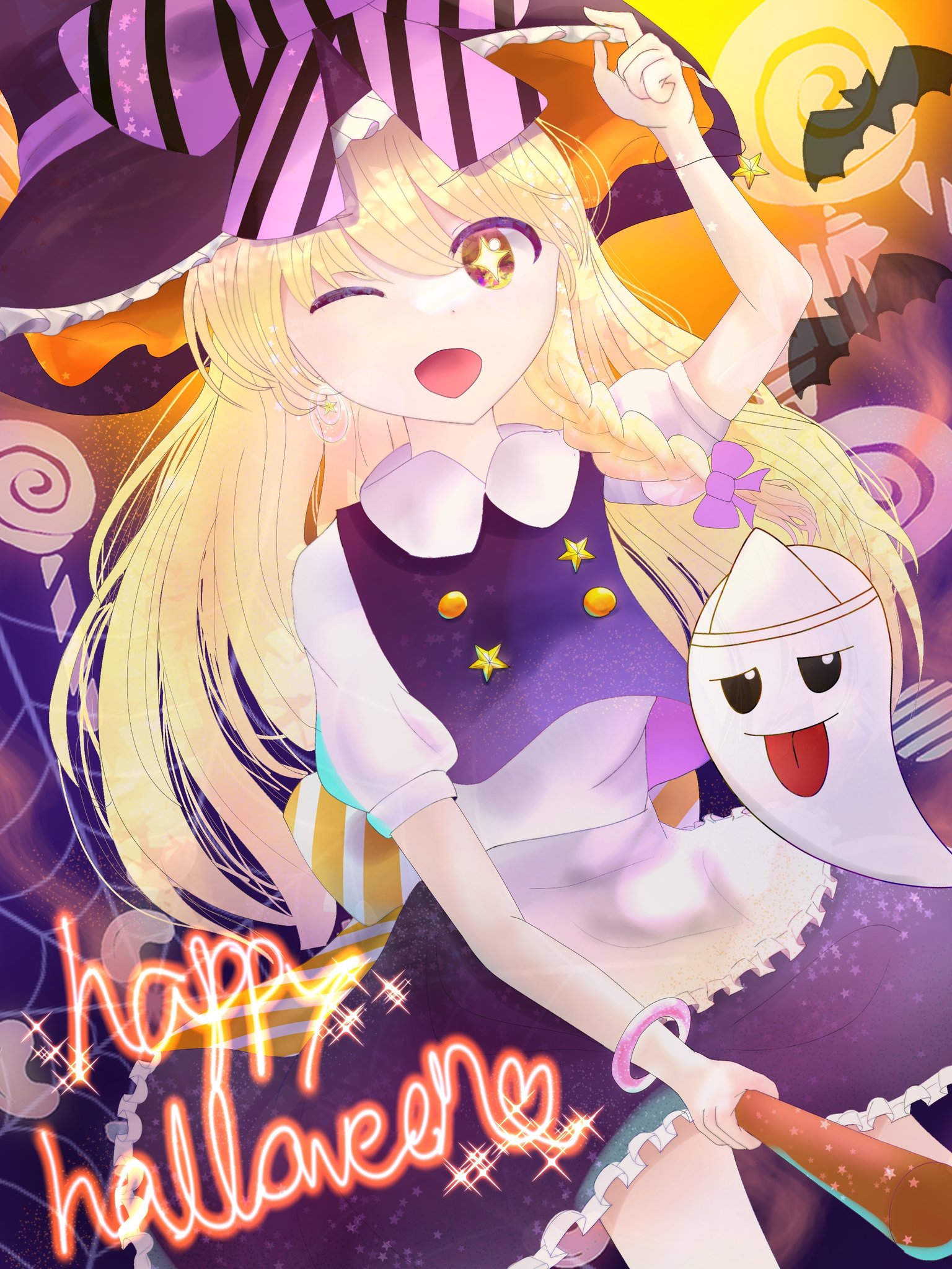 bakebake (touhou), kirisame marisa, touhou, touhou (pc-98), highres, 1girl, bat (animal), blonde hair, bow, bracelet, braid, broom, broom riding, dress, ghost, hair bow, halloween, happy halloween, hat, hat bow, jewelry, long hair, pvyj7858, ribbon, short sleeves, skirt, solo, witch hat, wizard, yellow eyes