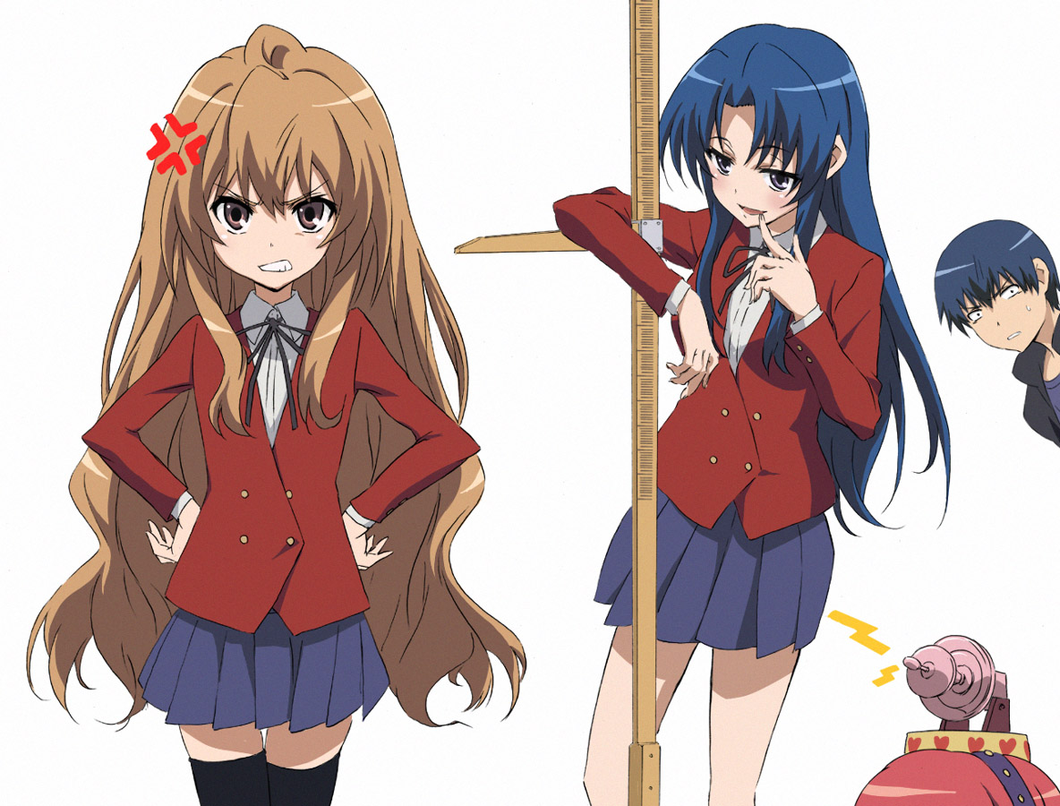 aisaka taiga, kawashima ami, kushieda minori, takasu ryuuji, toradora!, 00s, 1boy, 3girls, blue hair, brown eyes, brown hair, long hair, multiple girls, radar, red hair, school uniform, thighhighs