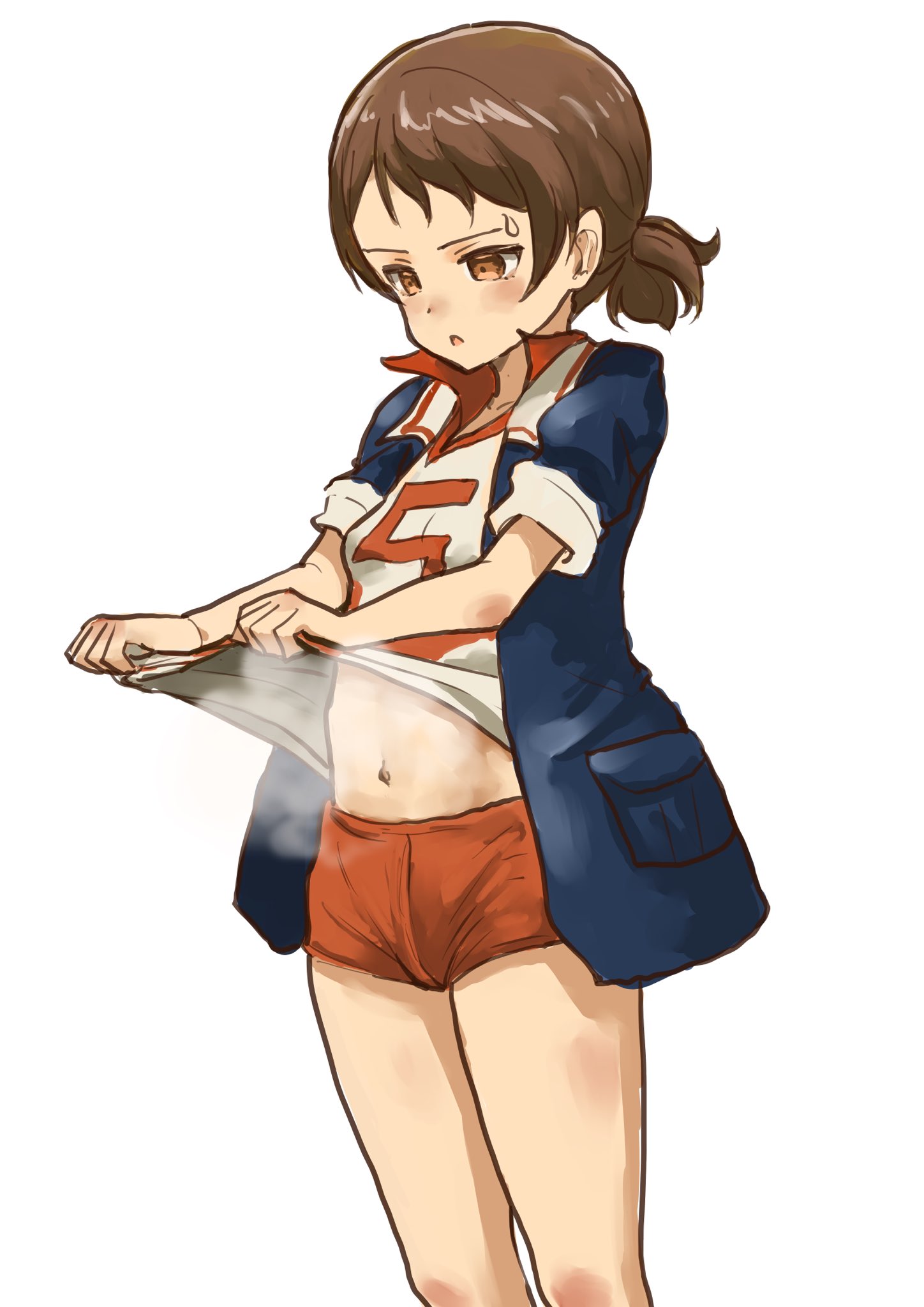 murayama kei, kawanishi shinobu, girls und panzer, highres, 1girl, :o, blue jacket, blush, brown eyes, brown hair, feet out of frame, jacket, medium hair, navel, red shirt, school uniform, shirt, shorts, simple background, solo, sportswear, standing, steam, sweat, volleyball uniform, white background