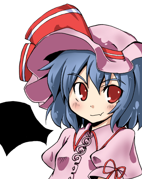 togashi yuu, remilia scarlet, touhou, 1girl, bat wings, blue hair, blush, closed mouth, dress, female focus, hat, hat ribbon, looking at viewer, pink dress, puffy short sleeves, puffy sleeves, red eyes, ribbon, short hair, short sleeves, simple background, smirk, solo, white background, wings