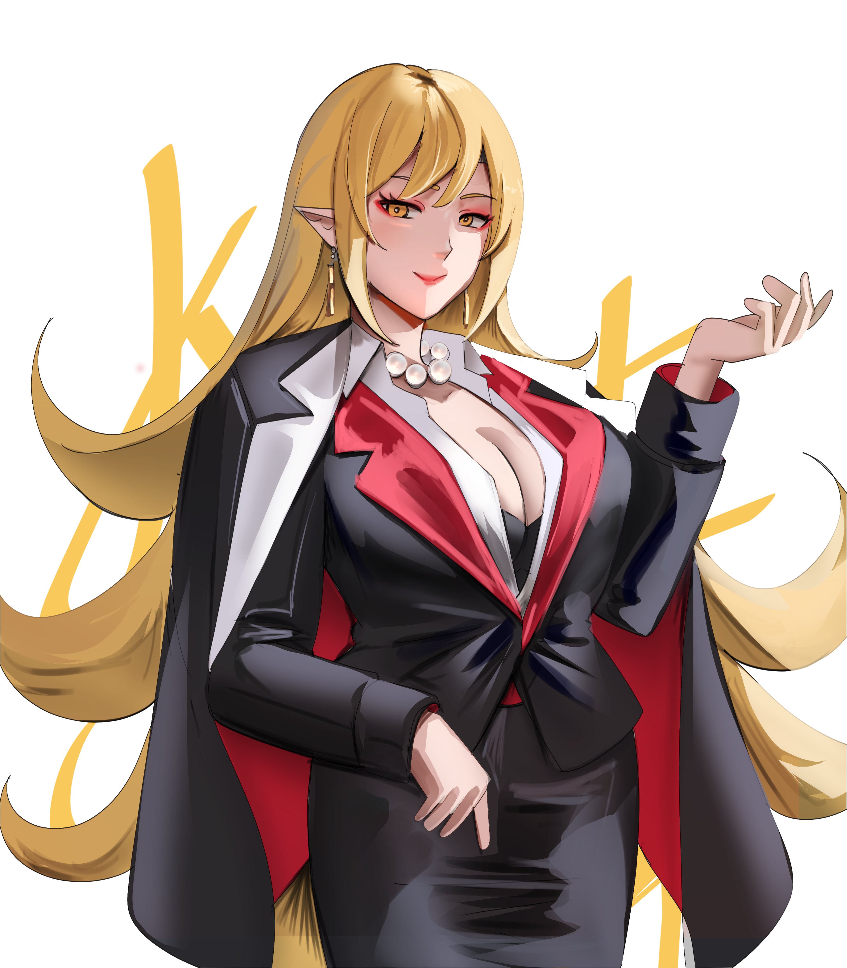 notgustiarp, kiss-shot acerola-orion heart-under-blade, oshino shinobu, kizumonogatari, monogatari (series), absurdres, highres, 1girl, blonde hair, breasts, cleavage, earrings, eyeshadow, jewelry, large breasts, long hair, looking at viewer, makeup, necklace, pointy ears, red eyeshadow, simple background, skirt, smile, solo, vampire, very long hair, yellow eyes