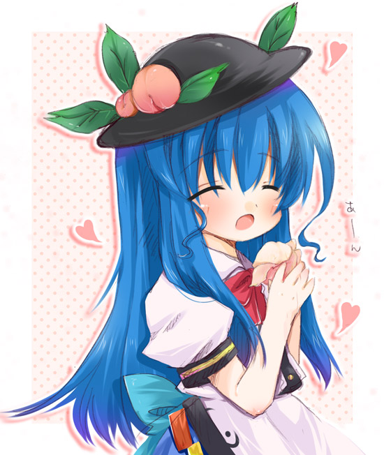 akino ochiba, hinanawi tenshi, touhou, 1girl, blue hair, closed eyes, eating, female focus, food, fruit, happy, hat, heart, holding, holding food, holding fruit, long hair, open mouth, peach, smile, solo