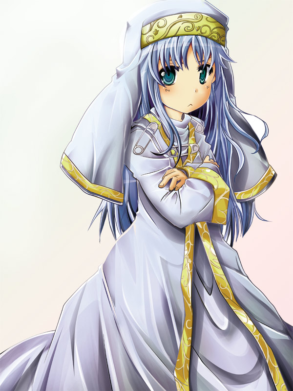 ruku (alicecreation), index (toaru majutsu no index), toaru majutsu no index, 00s, :<, blue hair, crossed arms, flat chest, green eyes, robe