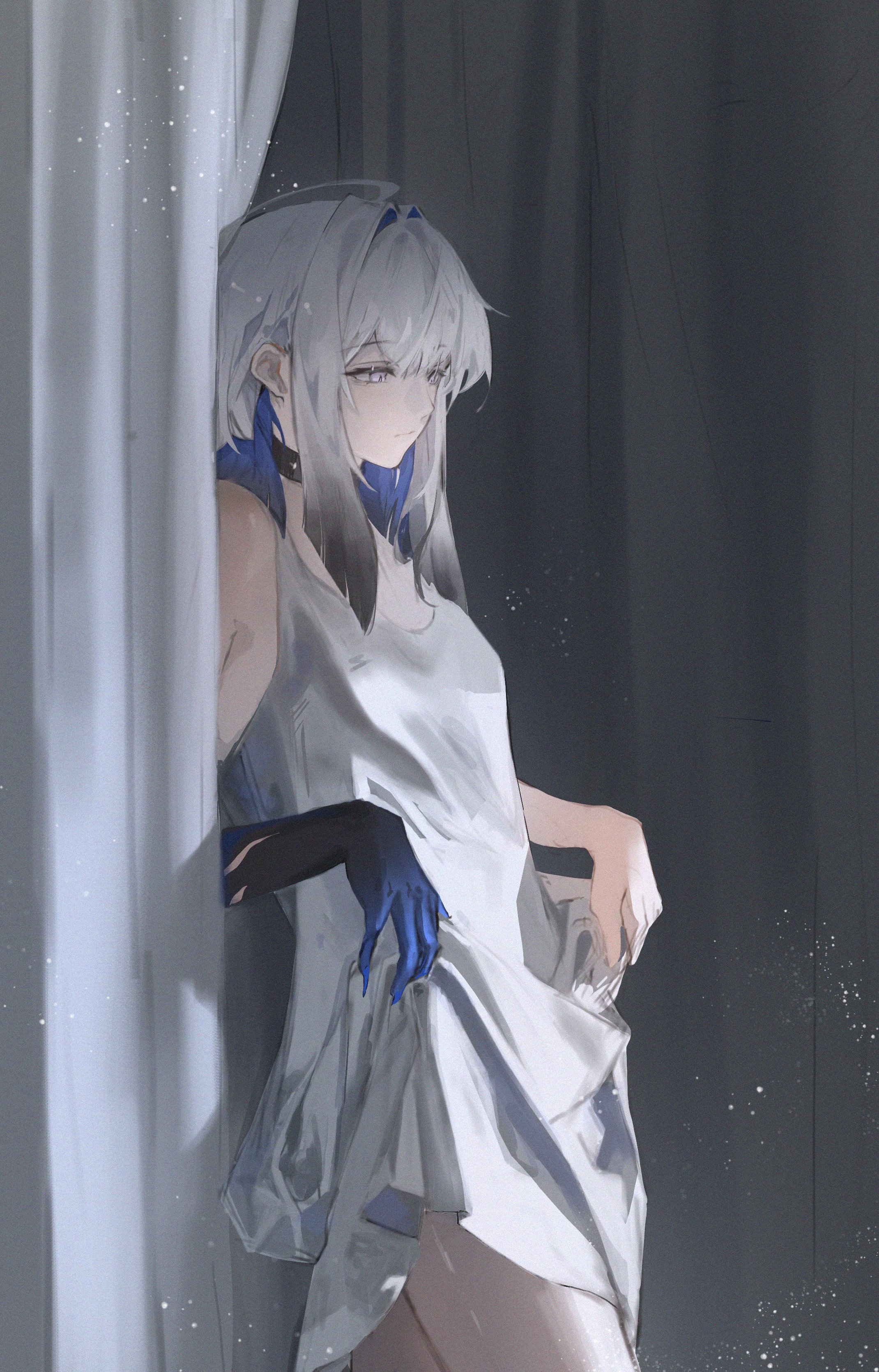 elyzerda, galbrena (wuthering waves), wuthering waves, absurdres, commentary, highres, tagme, 1girl, alternate costume, bare shoulders, black choker, blue hair, blue nails, breasts, choker, closed mouth, cowboy shot, fingernails, grey hair, half-closed eyes, looking down, medium hair, mutation, purple eyes, sharp fingernails, shirt, small breasts, solo, very long fingernails, white shirt