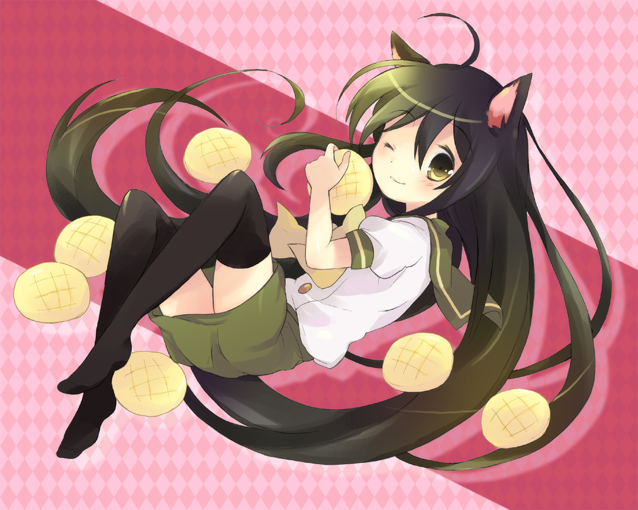 tachitsu teto, shana, shakugan no shana, 00s, 1girl, animal ears, argyle background, argyle clothes, black hair, bread, cat ears, female focus, food, melon bread, one eye closed, smile, solo, thighhighs, wink, zettai ryouiki