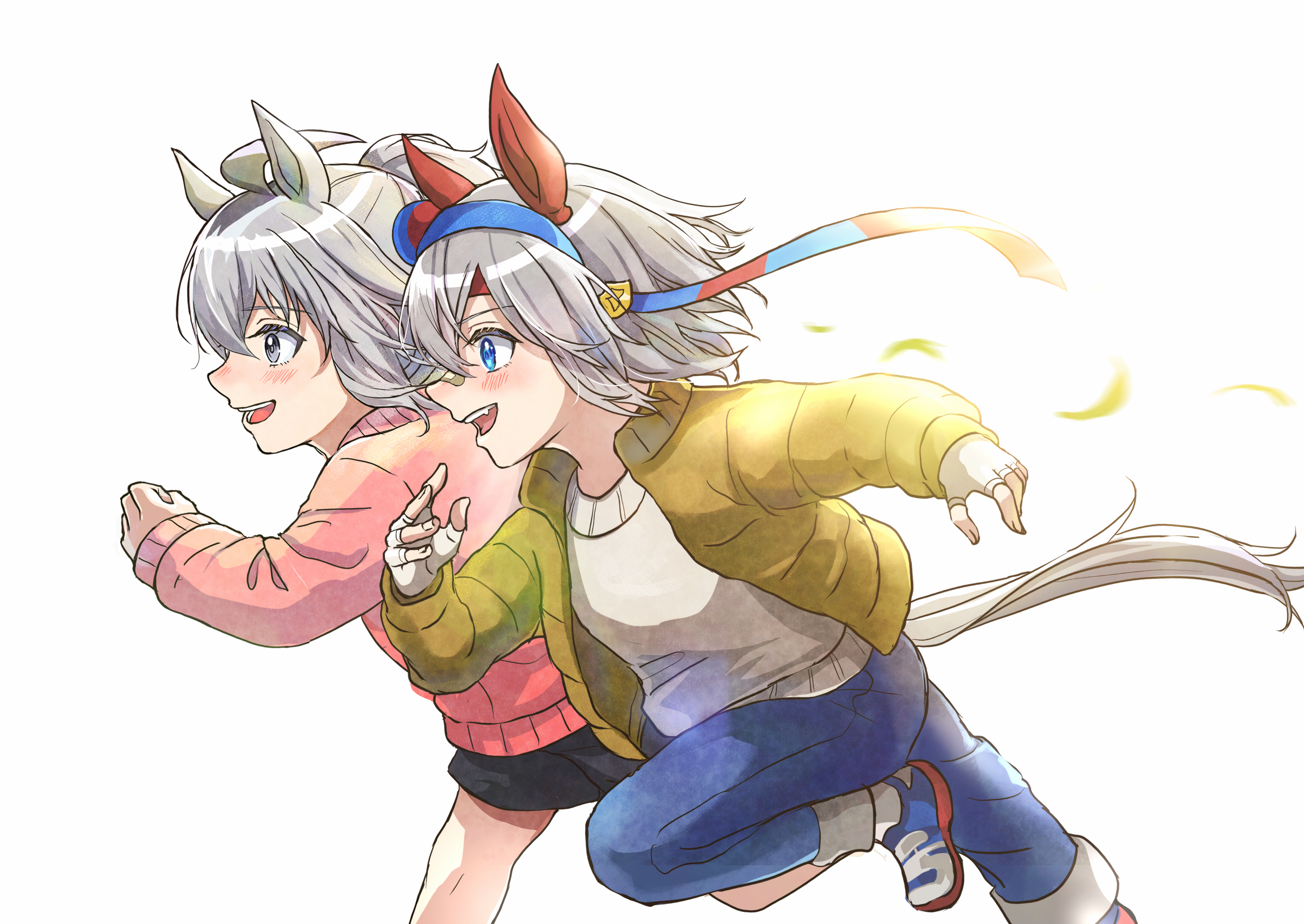 sashiumito, oguri cap (umamusume), tamamo cross (umamusume), umamusume, umamusume: cinderella gray, highres, 2girls, aged down, ahoge, animal ears, black shorts, blue eyes, blue hairband, blue pants, blush, coat, denim, ear covers, ear ornament, fang, fingerless gloves, gloves, grey hair, grey tail, hair between eyes, hairband, headband, horse ears, horse girl, horse tail, long hair, long sleeves, multicolored hair, multiple girls, open clothes, open coat, open mouth, pants, pink sweater, red headband, running, shoes, short hair, shorts, smile, striped clothes, striped hairband, sweater, tail, teeth, upper teeth only, white gloves, white sweater, yellow coat