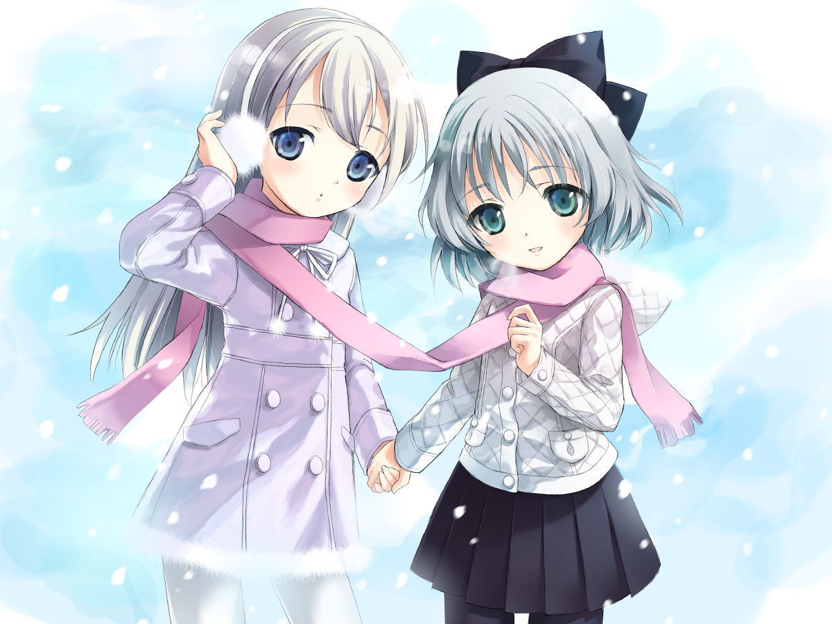 kimishima ao, eila ilmatar juutilainen, sanya v. litvyak, strike witches, world witches series, silver hair, bad id, bad pixiv id, 00s, 2girls, black pantyhose, blue eyes, earmuffs, green eyes, holding hands, long hair, multiple girls, pantyhose, scarf, shared clothes, shared scarf, short hair, snow, white pantyhose, yuri