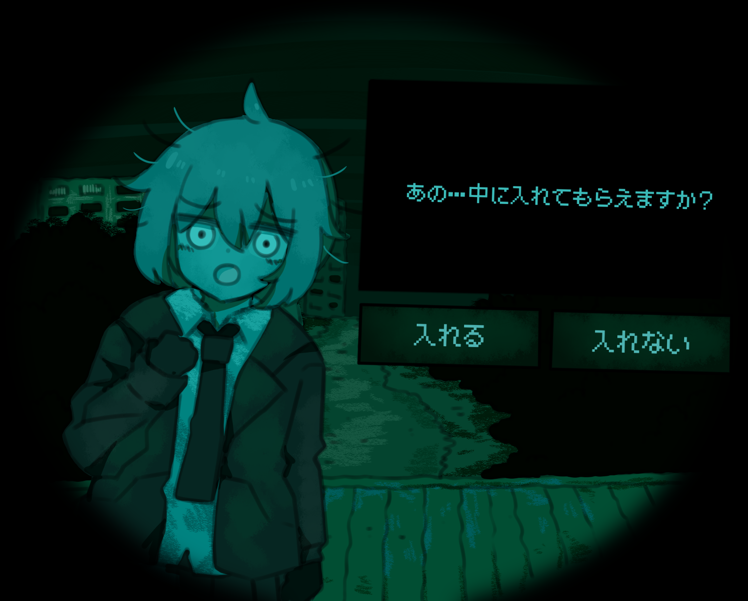 supaccha, m200 (girls' frontline), girls' frontline, no i'm not a human, highres, translation request, 1girl, collared shirt, dialogue box, gloves, hair between eyes, jacket, looking at viewer, necktie, night, night vision, open clothes, open jacket, open mouth, path, road, shirt, skirt, solo, surprised