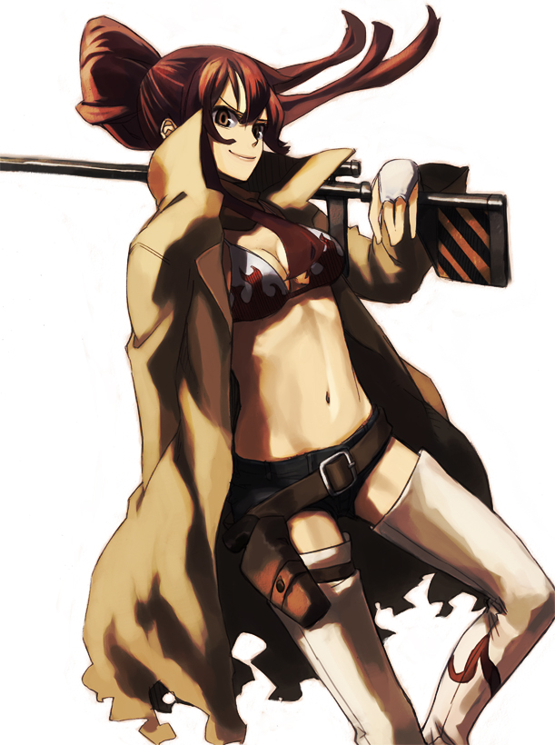 itsutsu, yoko littner, tengen toppa gurren lagann, 00s, coat, gun, holster, red hair, rifle, solo, thighhighs, trench coat, weapon