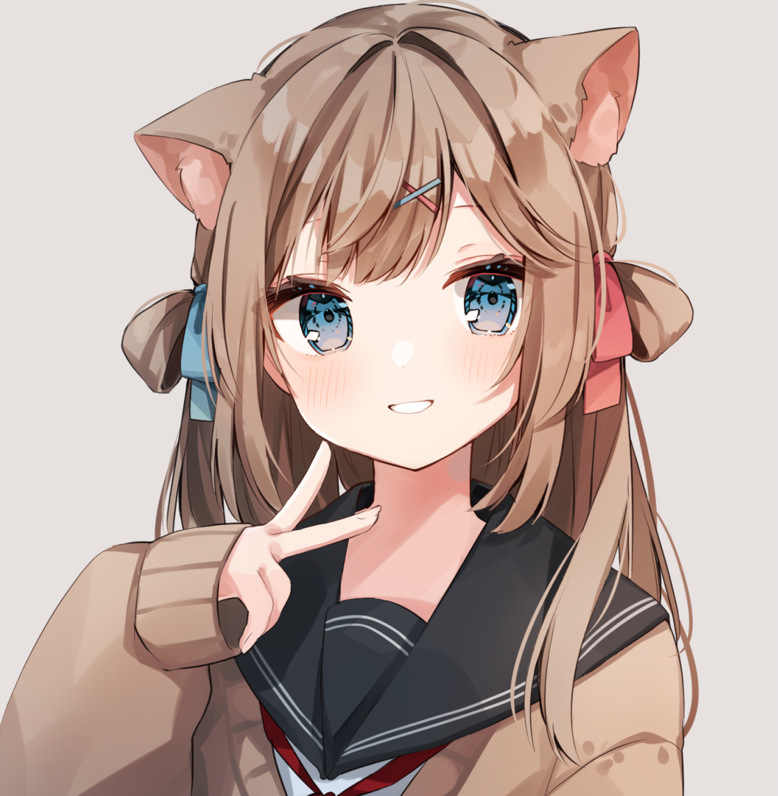 heripiro, original, commentary request, 1girl, animal ear fluff, animal ears, black sailor collar, blue eyes, blue ribbon, blush, brown cardigan, brown hair, cardigan, cat ears, cat girl, grey background, grin, hair ornament, hair ribbon, hand up, long hair, long sleeves, looking at viewer, open mouth, portrait, red ribbon, ribbon, sailor collar, school uniform, serafuku, simple background, sleeves past wrists, smile, solo, v, x hair ornament