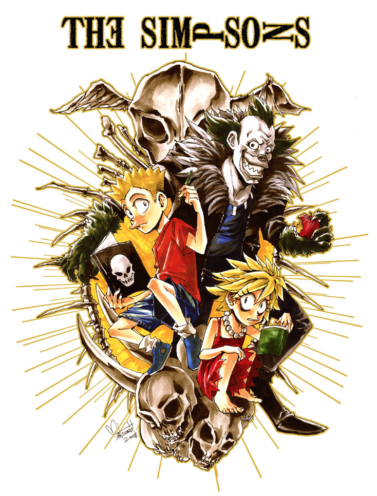 nina matsumoto, bart simpson, krusty the clown, l (death note), lisa simpson, death note, death tome, the simpsons, treehouse of horror, 1girl, 2boys, animification, apple, barefoot, book, cosplay, death note (object), food, fruit, multiple boys, parody, ryuk (cosplay), skull, yagami light (cosplay)