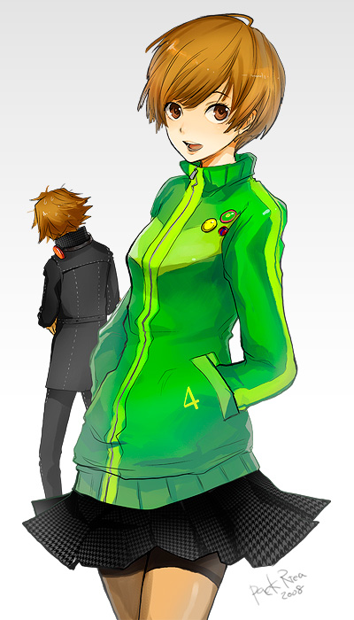 maguchimo, hanamura yousuke, satonaka chie, atlus, persona, persona 4, bad id, bad pixiv id, 1boy, 1girl, bike shorts, brown hair, gradient background, short hair, skirt