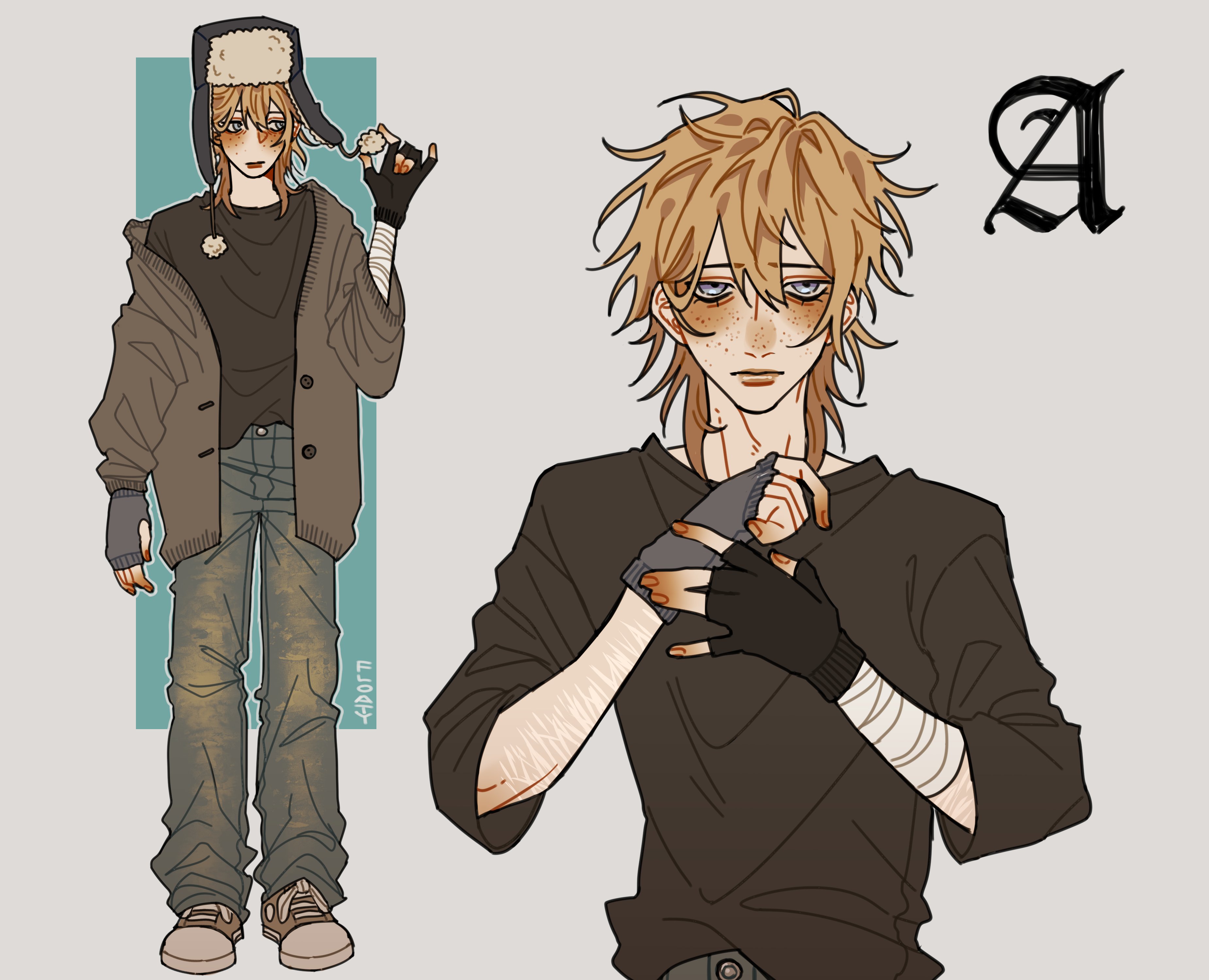 floatyart, death note, absurdres, highres, 1boy, a (death note), bandaged arm, bandages, blonde hair, blue eyes, cardigan, denim, design speculation, fingerless gloves, freckles, full body, gloves, hat, jeans, lips, open cardigan, open clothes, pants, scar, scar on arm, self-harm scar, shoes, sneakers, ushanka