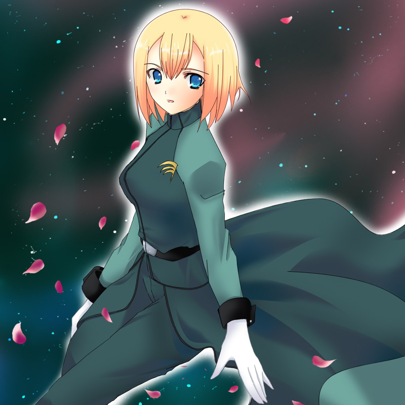 tsukiji, louise halevy, gundam, gundam 00, bad id, bad pixiv id, 00s, 1girl, :o, blue eyes, blush, cowboy shot, emblem, female focus, gloves, long sleeves, looking back, military, military uniform, pants, parted lips, short hair, solo, standing, white gloves