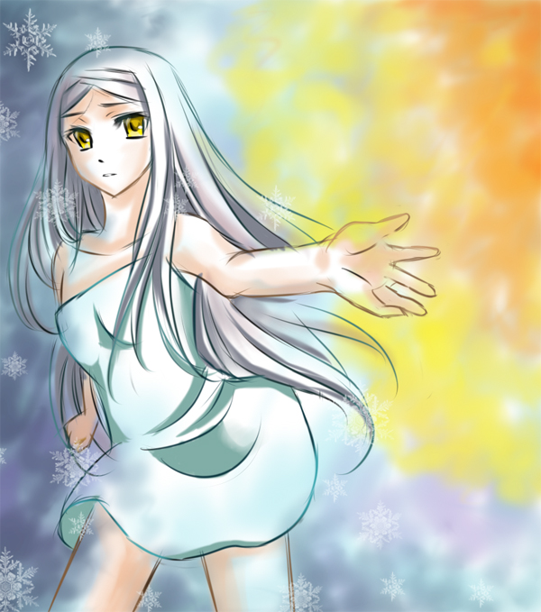 w rong, soma peries, gundam, gundam 00, silver hair, bad id, bad pixiv id, 00s, 1girl, bare shoulders, blue dress, collarbone, contrapposto, dress, female focus, long hair, looking at viewer, outstretched arm, sleeveless, sleeveless dress, solo, standing, very long hair, yellow eyes
