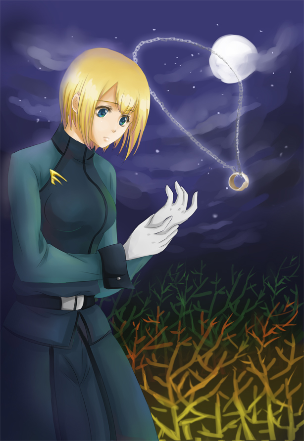 w rong, louise halevy, gundam, gundam 00, 00s, 1girl, blonde hair, blue eyes, blush, emblem, female focus, field, full moon, gloves, looking down, military, military uniform, moon, night, night sky, outdoors, short hair, sky, solo, standing, white gloves