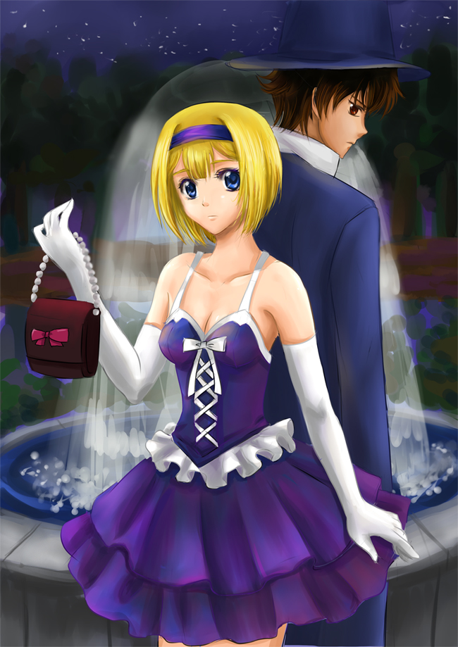 w rong, louise halevy, setsuna f. seiei, gundam, gundam 00, 00s, 1boy, 1girl, back-to-back, bare shoulders, blonde hair, collarbone, couple, dress, formal clothes, fountain, layered skirt, looking at viewer, outdoors, pants, purple dress, purple eyes, short hair, standing, suit, water