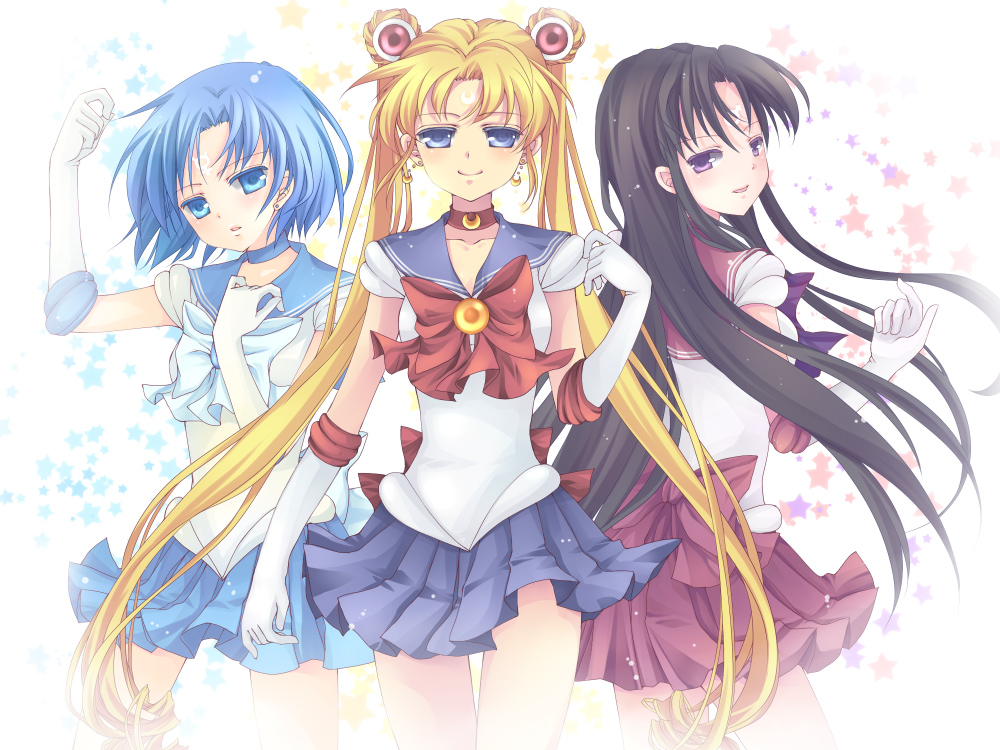 mikazuki sara, hino rei, mizuno ami, sailor mars, sailor mercury, sailor moon, tsukino usagi, bishoujo senshi sailor moon, bad id, bad pixiv id, 1990s (style), 3girls, black hair, blonde hair, blue eyes, blue hair, blue sailor collar, blue skirt, bow, choker, double bun, earrings, elbow gloves, gloves, inner senshi, jewelry, long hair, magical girl, multiple girls, purple eyes, red bow, red skirt, sailor collar, sailor senshi, short hair, skirt, tiara, twintails, very long hair, white gloves